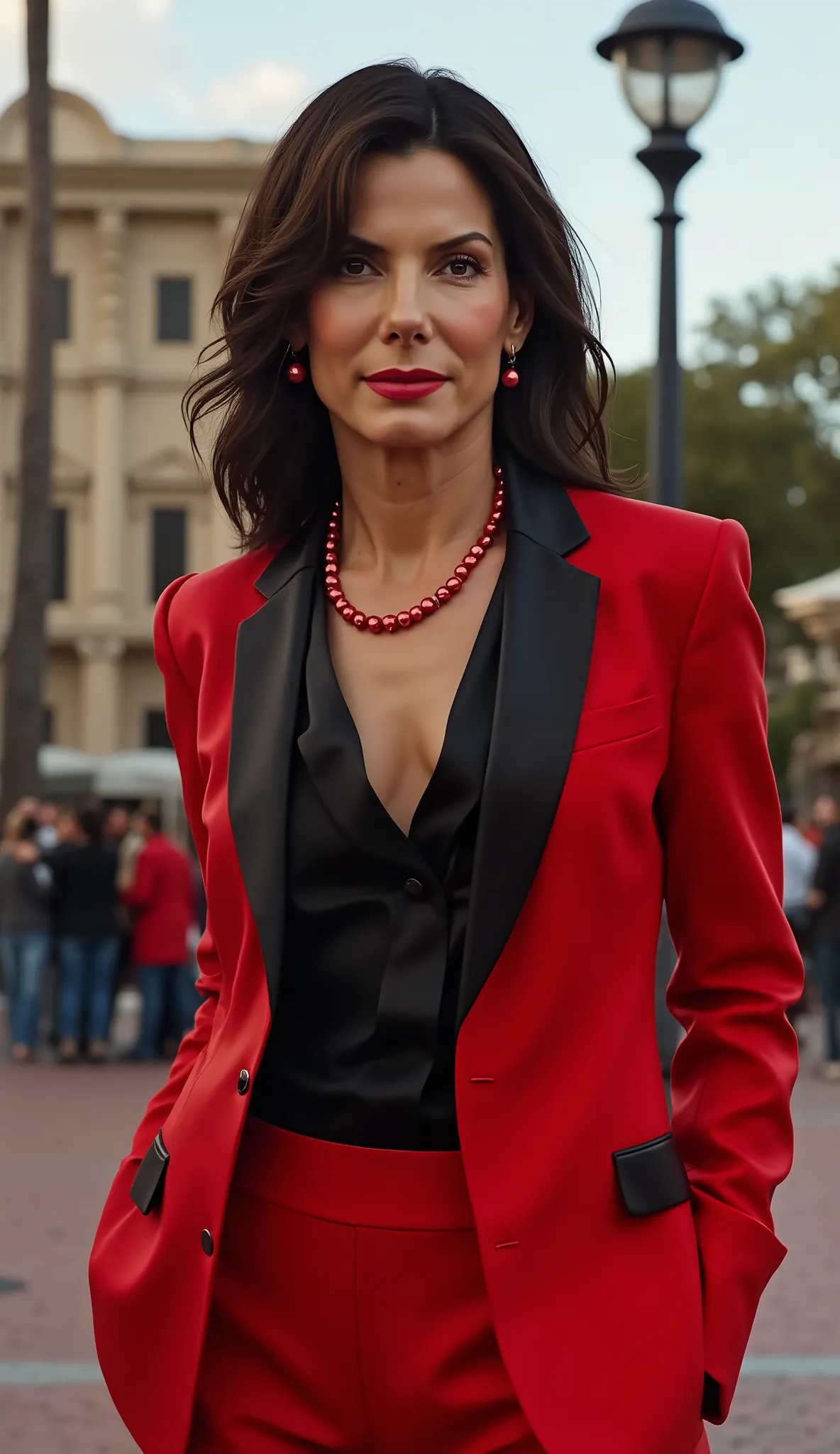 Sandra Bullock in red blazer with black details and super realistic black shirt underneath in high quality with red pearl earring and necklace in the background of a square with people and Los Angeles style lighting pole in 20k 
