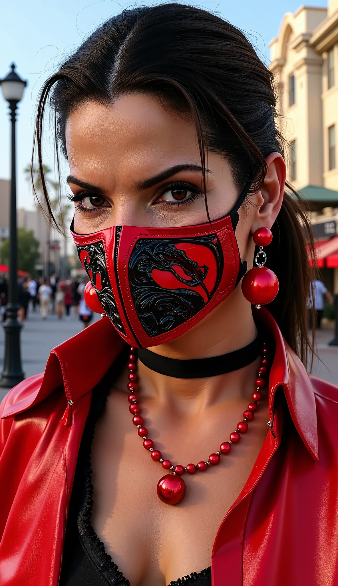 Sandra Bullock from Scarlet from Mortal Kombat with her red metal mask with mega-realistic black details in high quality with red pearl earring and necklace in the background of a square with people and lamp posts and Los Angeles style buildings in 20k 
