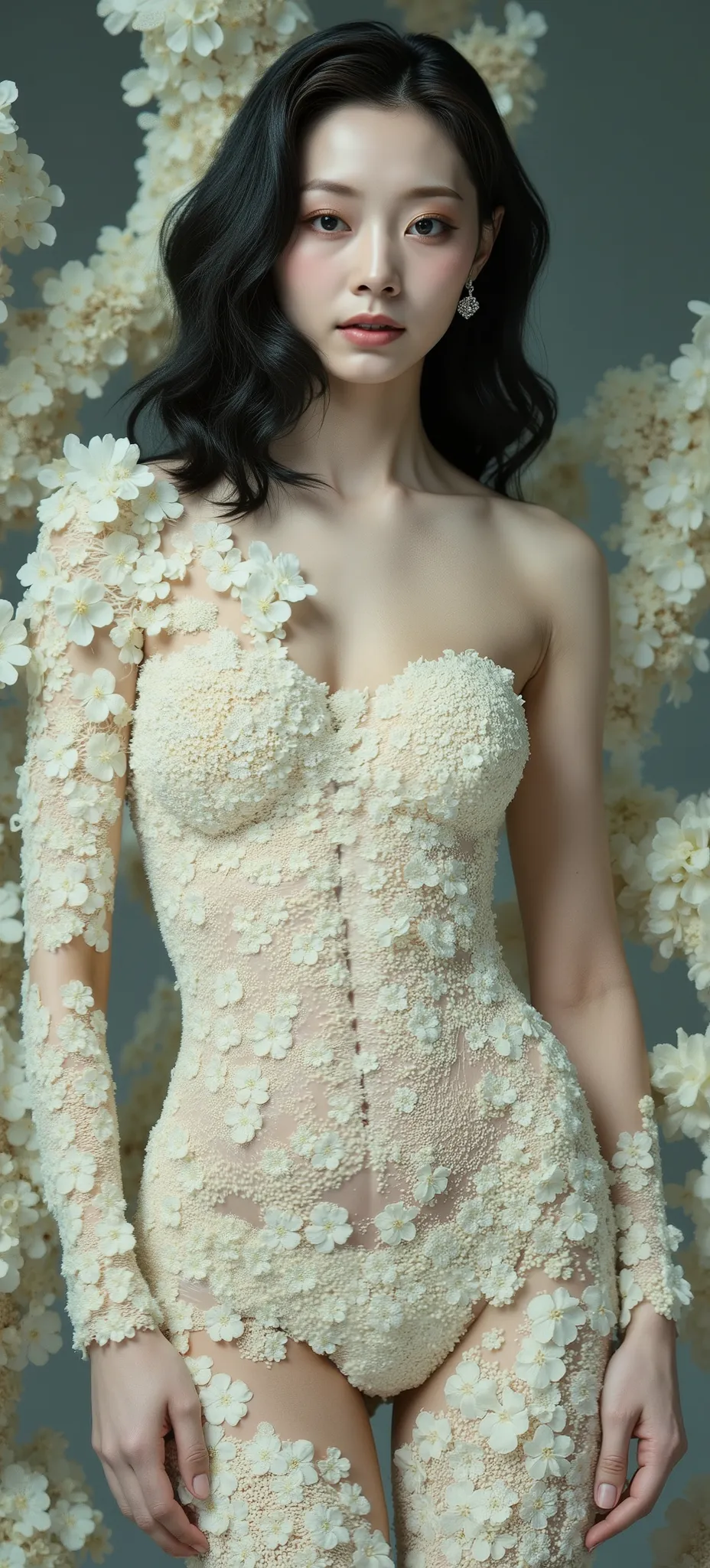 ((Japanese Girl:3.0)),((This woman's whole body is covered with strangely shaped white sea flowers.:2.5)),Skin hole phobia,Her skin is full of tiny sea flowers:2.0
,sea flowers full face, Gal Girl Makeup ,Makeup Set,
,The girl's body has many sea flowers c...
