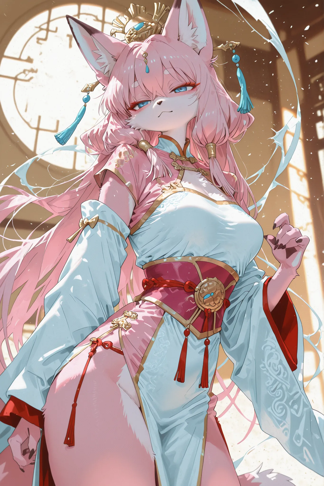 Kemono,furry, fox girl, kemono style, inspired by Three Kingdoms Diao Chan costume, elegant Chinese traditional dress, pink fur with shiny texture, large bust, blue eyes, long pink hair, graceful and noble, soft lighting, intricate accessories, flowing sil...