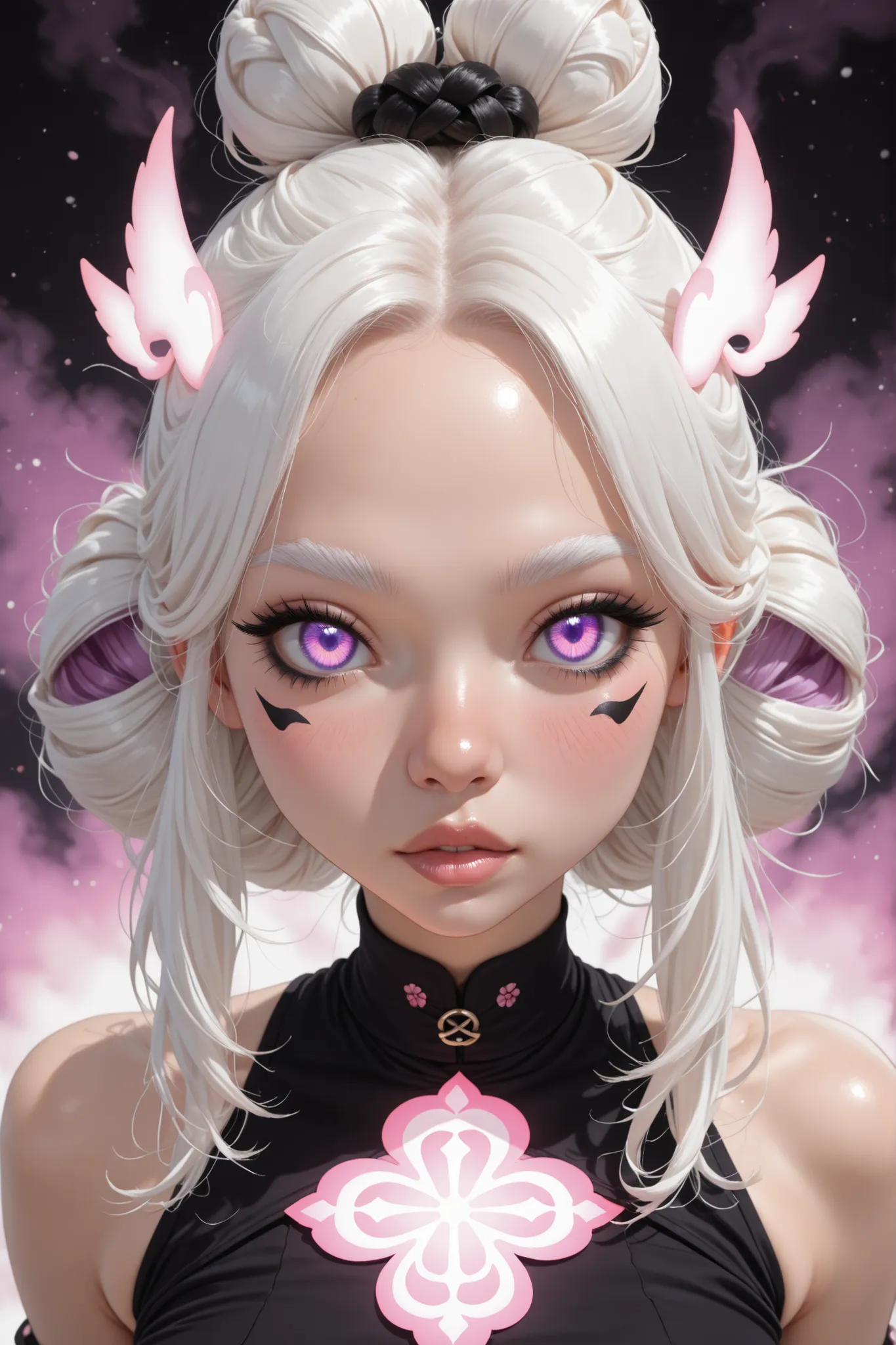 (1girl), (perfect face), ((white hair bun knot top)), (forehead), ((white natural eyebrows)), (((big glowing purple eyes))), (((black eyeliners))), (pink blush), ((nose, bright black thick lips)), (beautiful girl), (((looking at viewer))), (crop top)