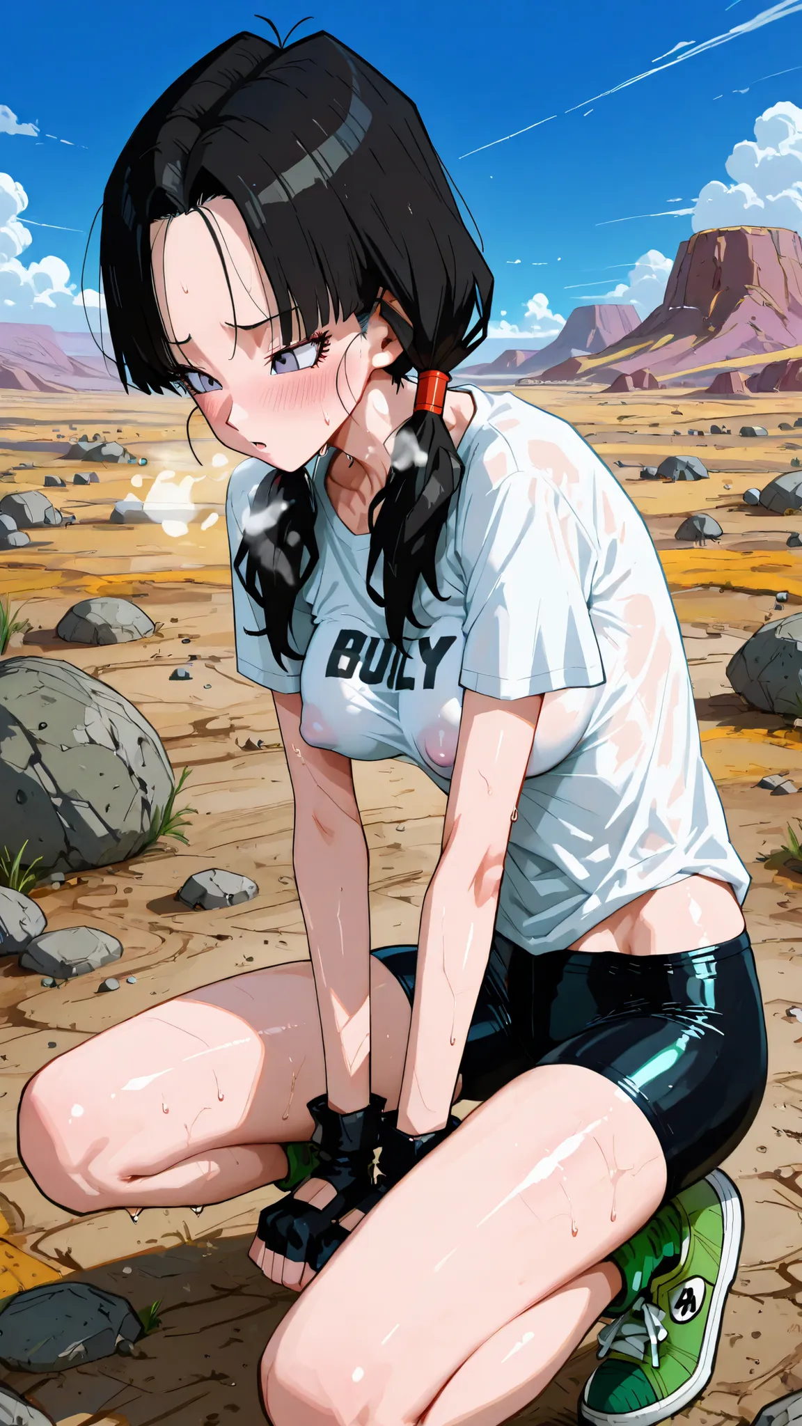 (masterpiece,best quality:1.2,amazing quality,very aesthetic, absurdres,newest) ,YamamotoXLP,,
 , Videl, dragon ball,1girl,solo(ideal ratio body proportions:1.2) ,(slender body:1.2, skinny:1.2), medium breasts,black hair,parted bangs,low twintails,blush,he...