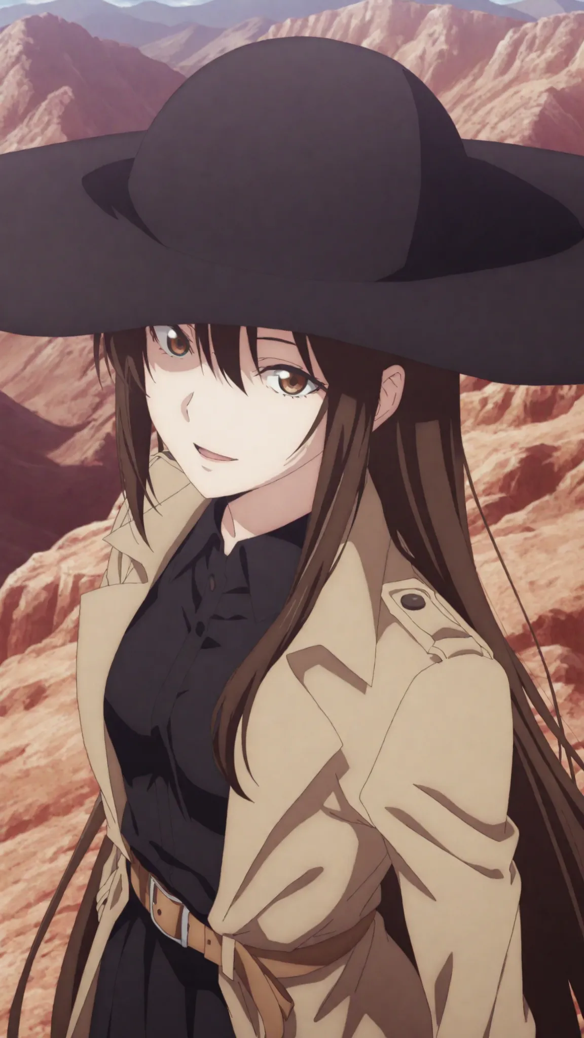 kazuki,ishura
High quality ,  best quality , masterpiece,  High Resolution ,,anatomically correct,,anime Coloring
solo, 1 girl, Beautiful women, adult women, cool women,
, very long hair, brown hair, brown eyes,, black Wide brim hat , hair between eyes ,sm...
