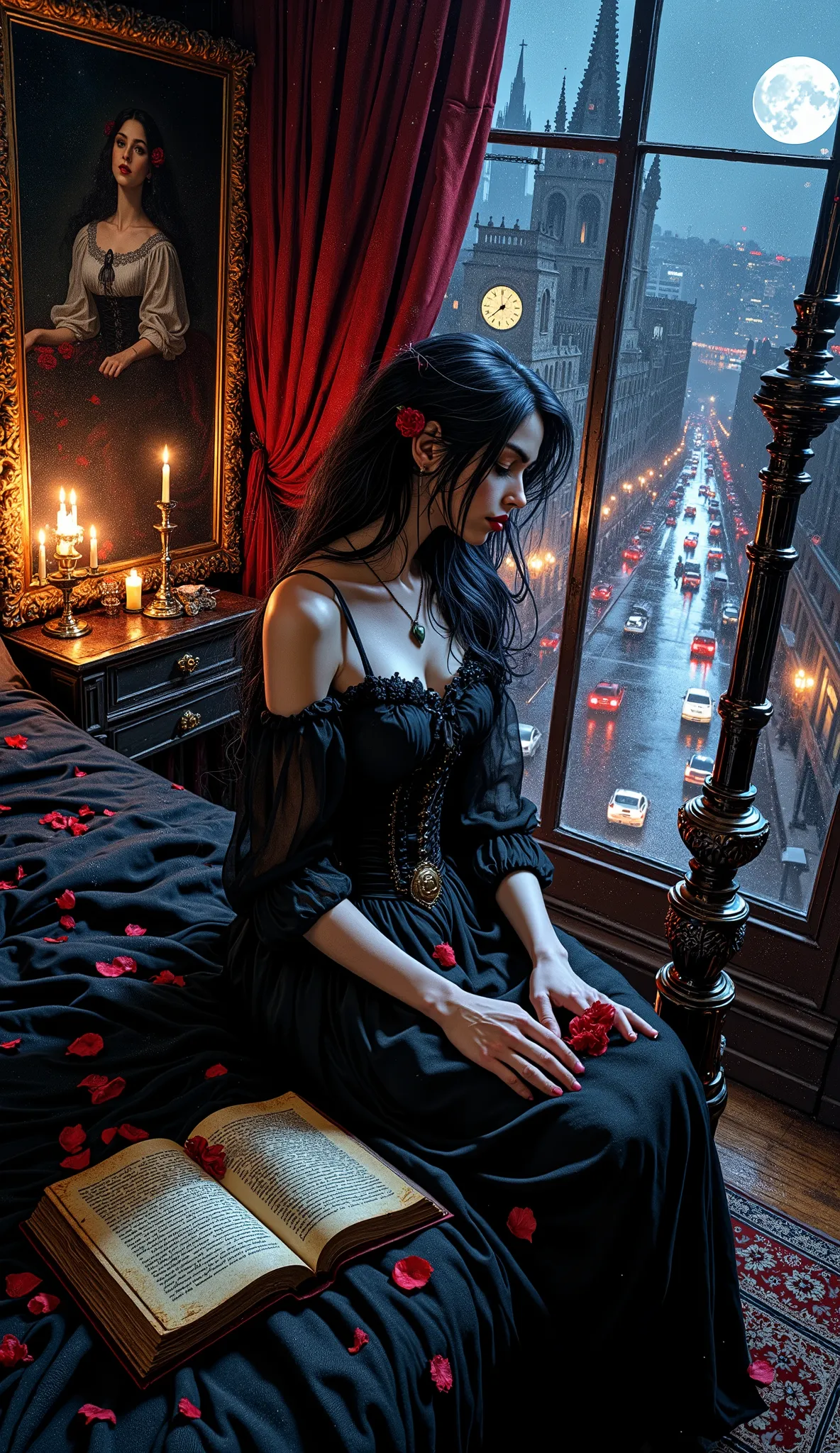 The camera looks down from above, capturing the fragile figure of a girl sitting on the edge of a four-poster bed made of black velvet. Her pale skin almost merges with a translucent black chiffon shirt, and a corset the color of a faded rose accentuates t...