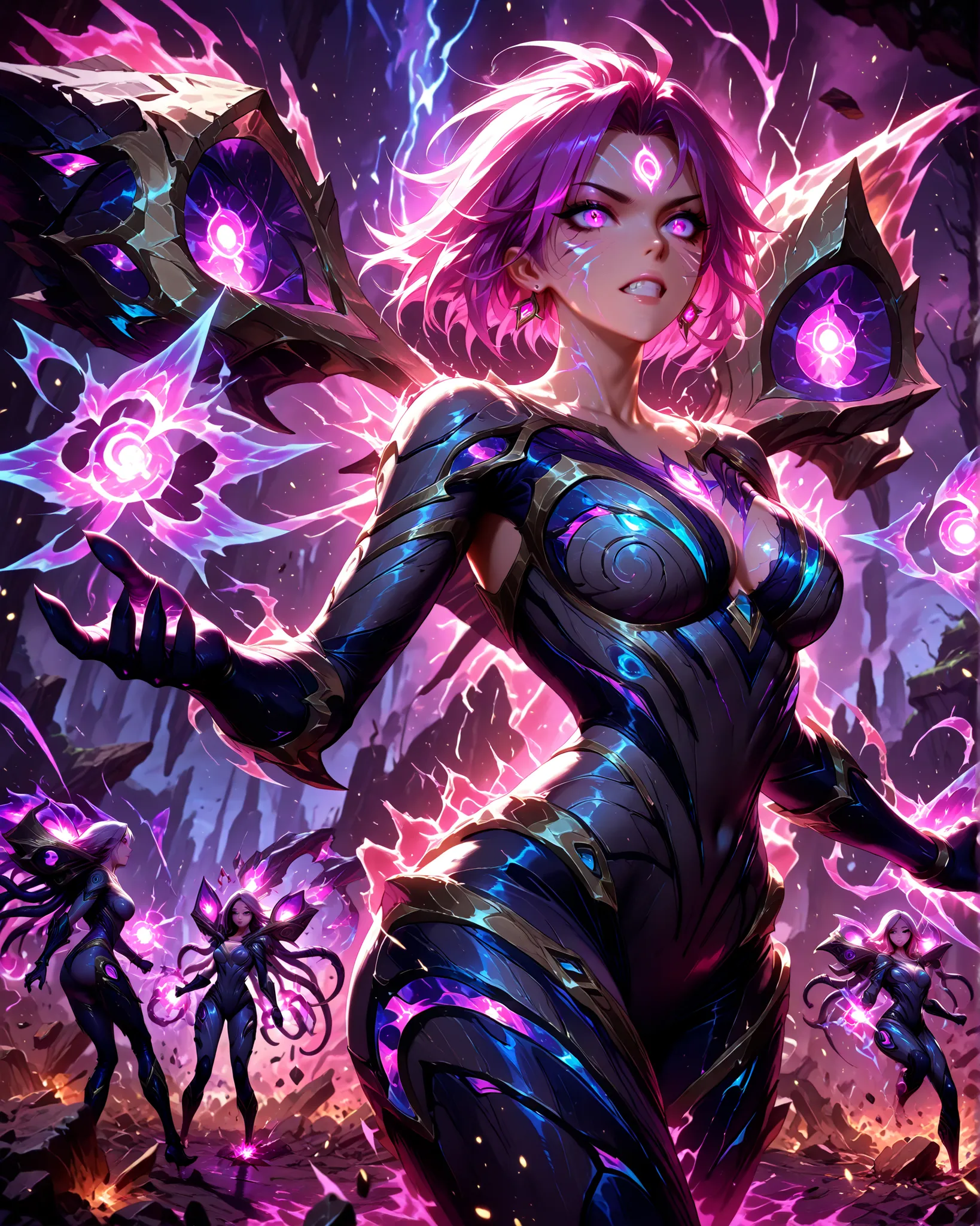  Masterpiece, ultra-detailed, 4K resolution, cinematic action scene, dramatic lighting, high-intensity dynamic composition. Kai’Sa from League of Legends in the middle of a fierce and overwhelming battle against Void creatures, deep within the distorted, a...