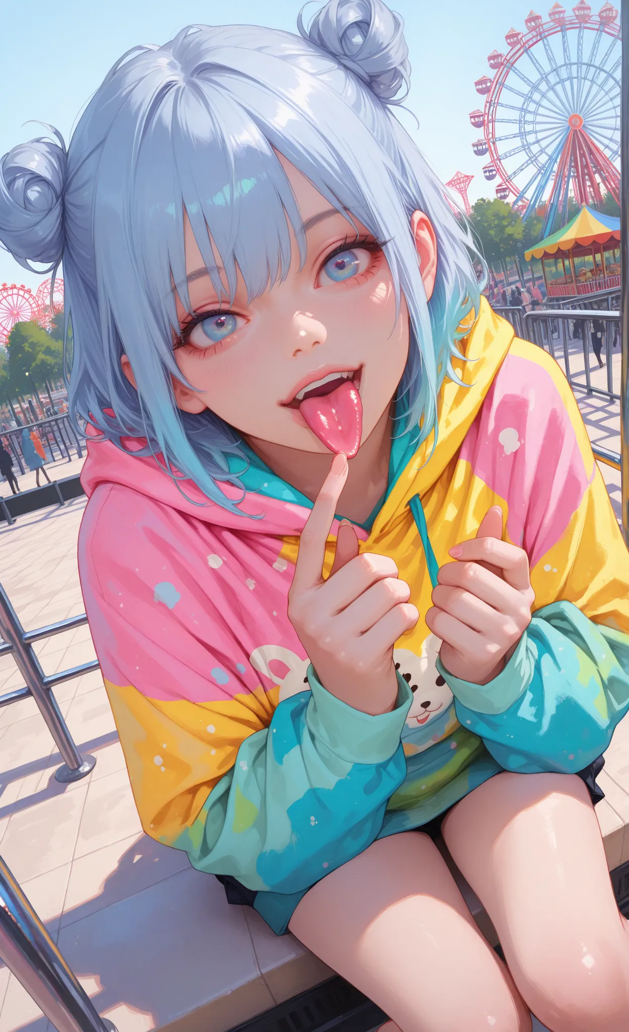 748cmstyle, anime girl, perfect hands according to anatomy, 5 fingers, perfect legs according to anatomy, 2 legs, 
realistic shadow quality, realistic reflection quality, Realistic light quality, masterpiece, High Quality, High Quality, High quality eye detail, very aesthetic, Newest, Detailed Scenery,  
 dynamic angle, anime girl close-up, messy light blue twin buns, sticking tongue out playfully, colorful hoodie, background of theme park with balloons and ferris wheel, bright playful colors
