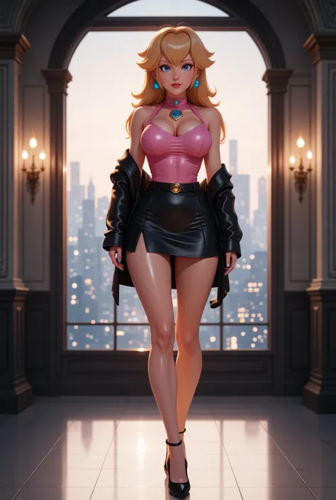 (Nintendo - Princess Peach), sensual posture in front of the spectator, with a slightly open leg and a hand on her hips, picking up her leather jacket from the floor, sexy black mini skirt with slits on both legs, pink leather corset that highlights your h...