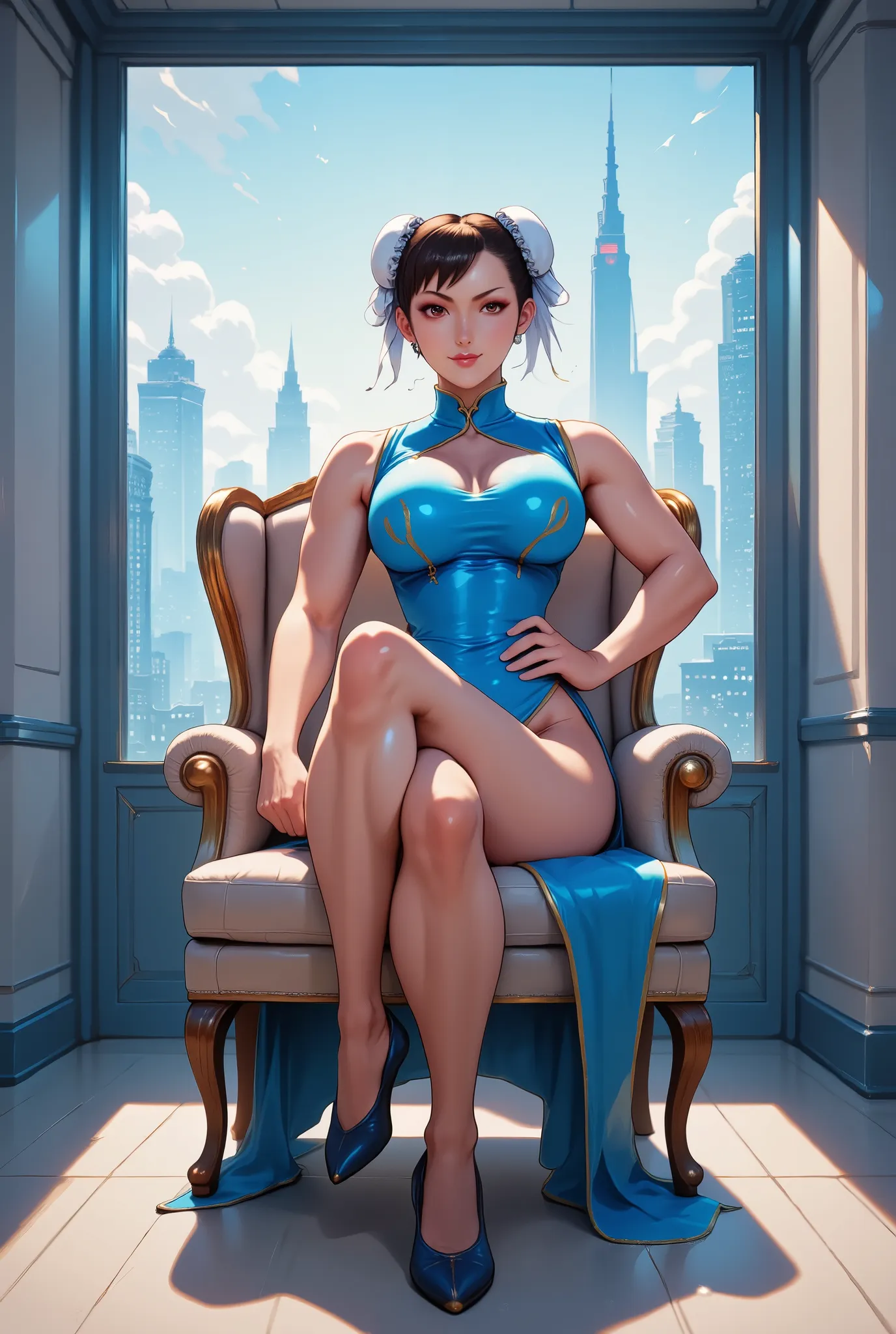 (chun li), sensual posture in front of the spectator, sitting on an armchair, with a slightly open leg and a hand on her hips, with one hand on her waist and the other free, sexy blue mini skirt with slits on both legs, blue leather corset that highlights ...