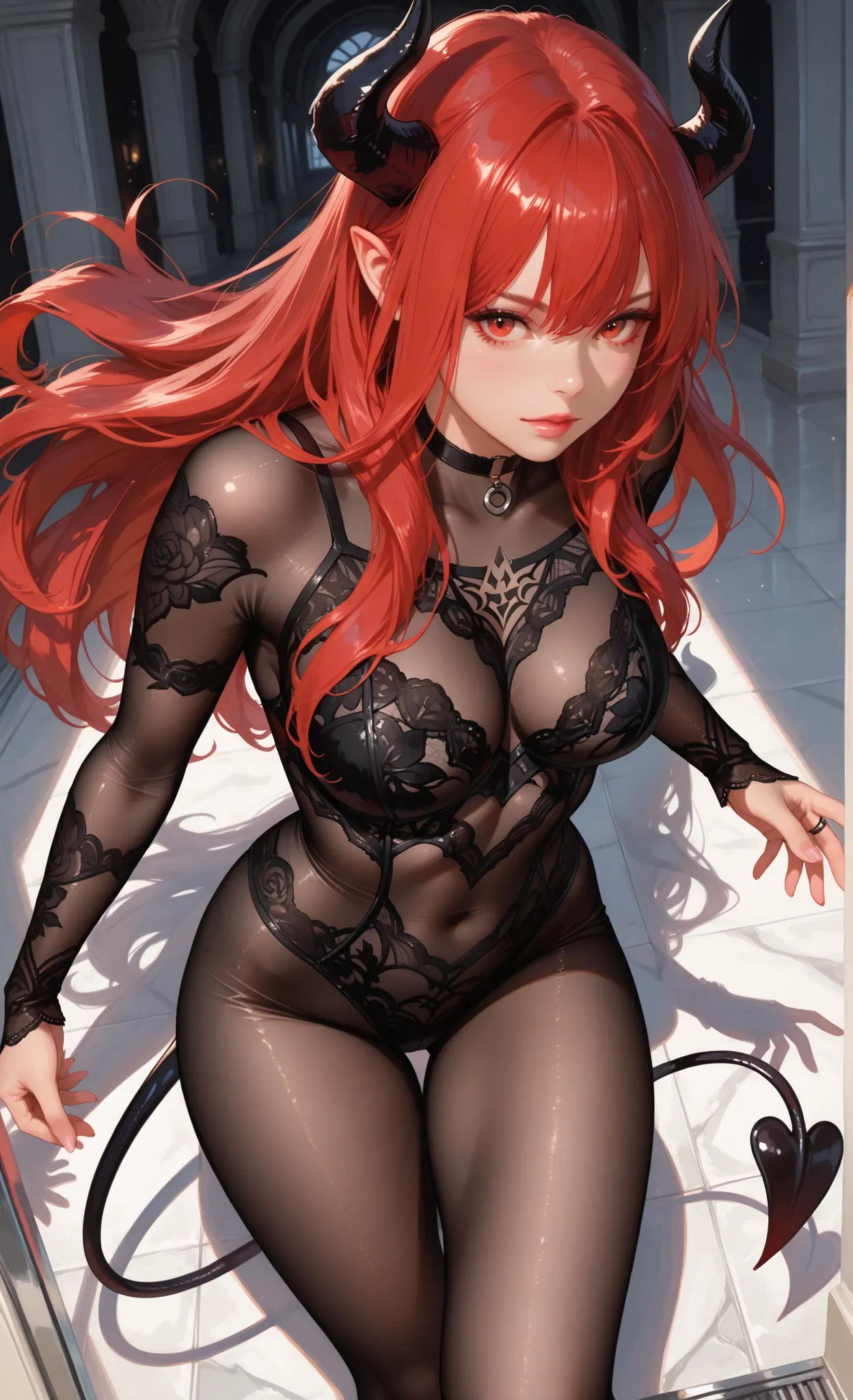 748cmstyle, anime girl, perfect hands according to anatomy, 5 fingers, perfect legs according to anatomy, 2 legs, 
realistic shadow quality, realistic reflection quality, Realistic light quality, masterpiece, High Quality, High quality eye detail, very aesthetic, Newest, Detailed Scenery, Close up,
sexy, 1woman, demon woman, red long hair, red eyes, demon horns, black demon tail, black ring choker, lace bodysuit, multilayer, Depth of field, cinematic angle,  dynamic pose,

