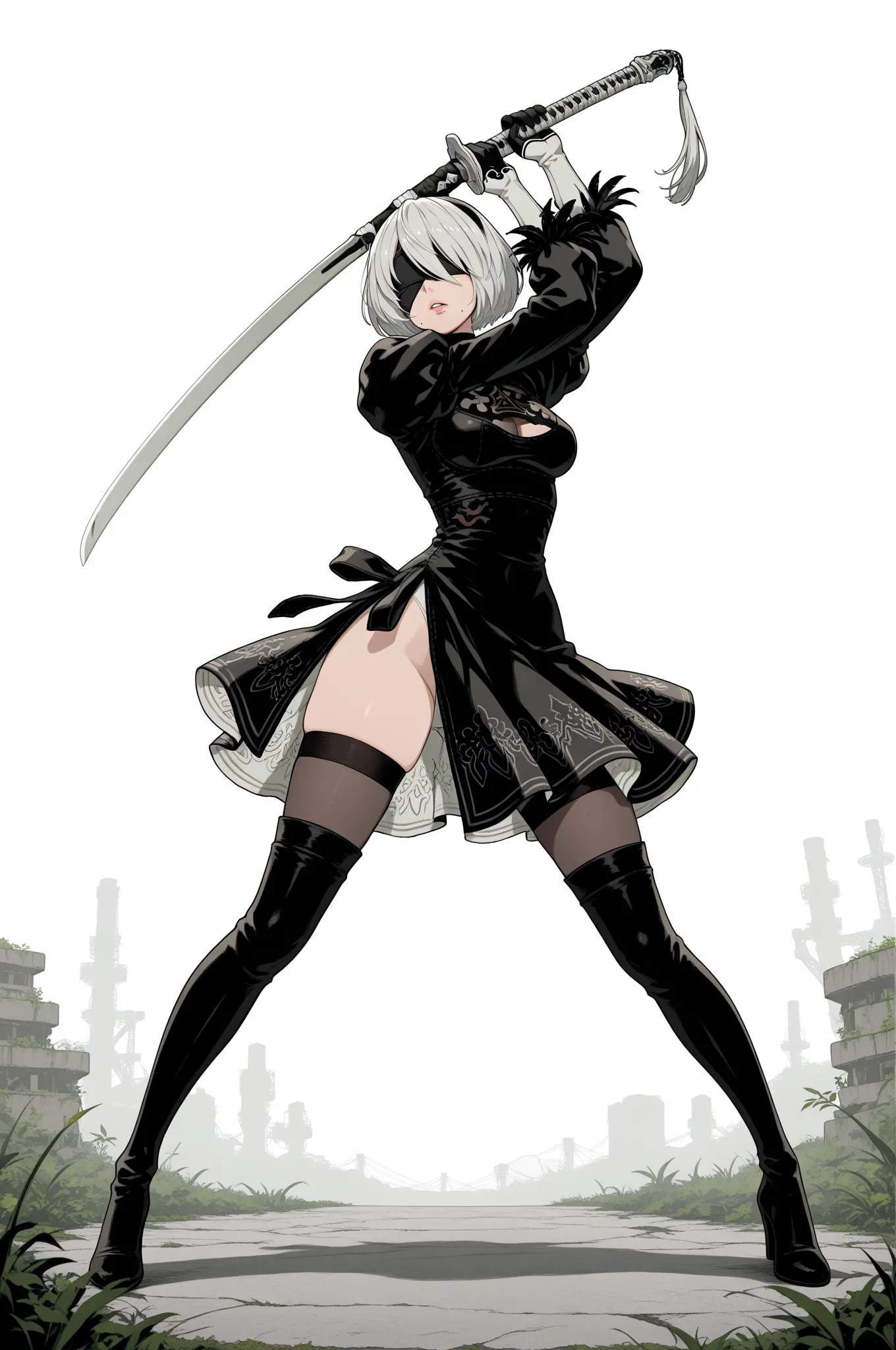 1woman, solo, 2b, nier automata, parted lips, mole under mouth, blindfold, black dress, lace-trimmed dress, puffy sleeves, feather-trimmed sleeves, white handle, see-through cleavage, holding one katana, standing, full body, white background, dynamic pose, masterpiece, best quality, high quality, amazing quality, very aesthetic, absurdres, newest