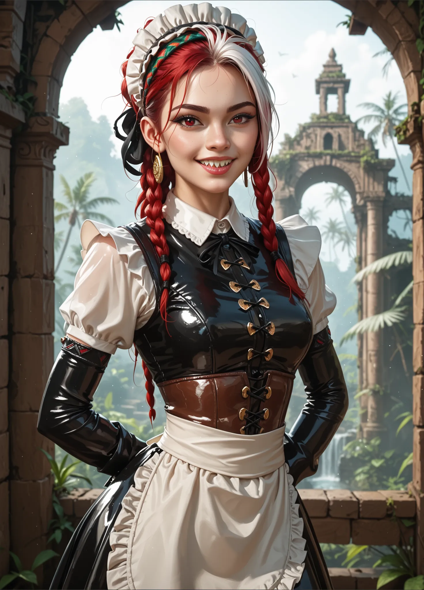 Curious expression. Slender body. Lean body-type. Marble-White skin. Cute 18-year-old Aztec and Indonesian girl with big Asian red eyes and unnaturally sharp teeth and dreadlocks (white and red hair). Intense red eyes. Sharp and shark-like teeth. She has a...