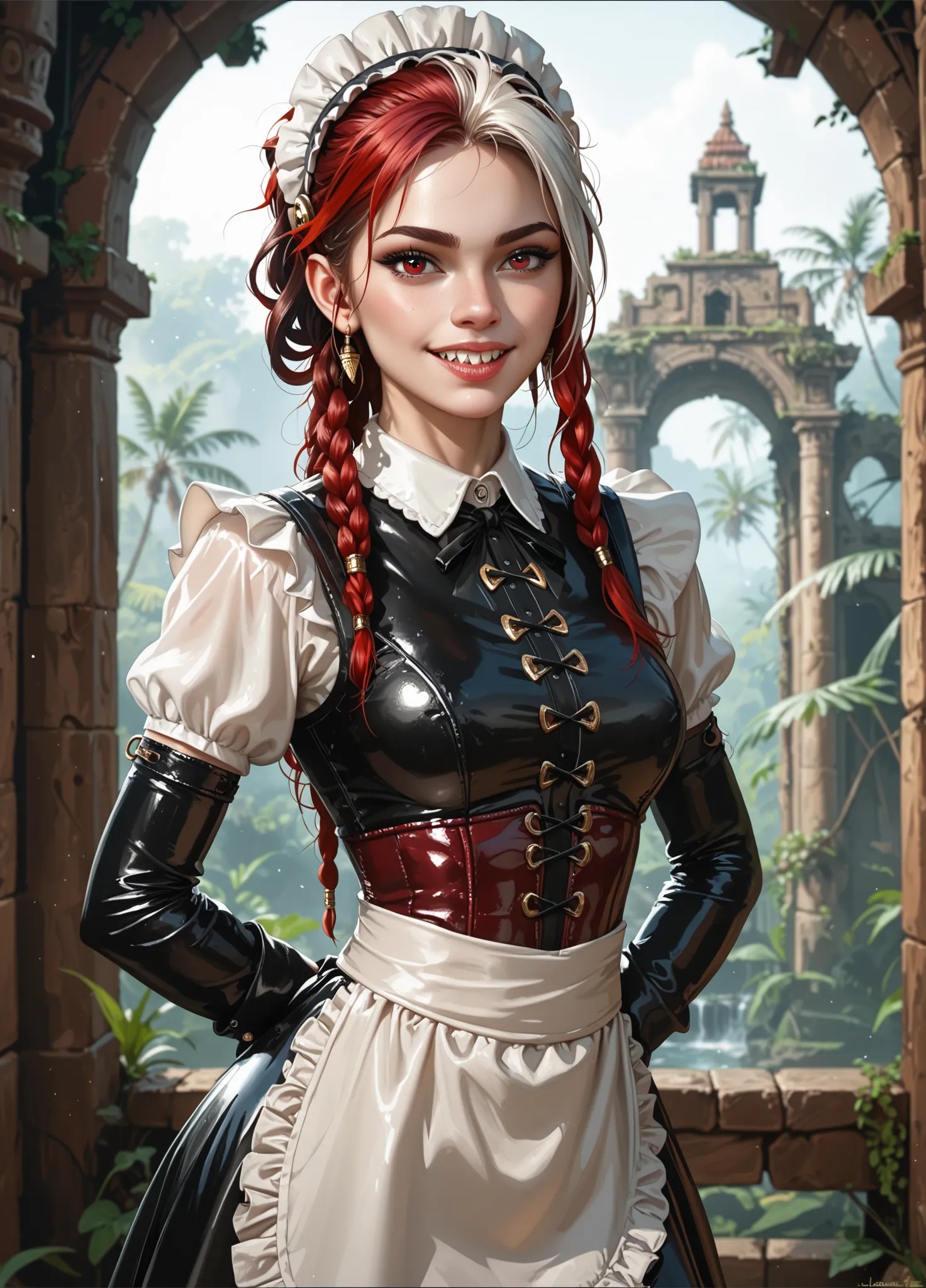 Curious expression. Slender body. Lean body-type. Marble-White skin. Cute 18-year-old Aztec and Indonesian girl with big Asian red eyes and unnaturally sharp teeth and dreadlocks (white and red hair). Intense red eyes. Sharp and shark-like teeth. She has a...