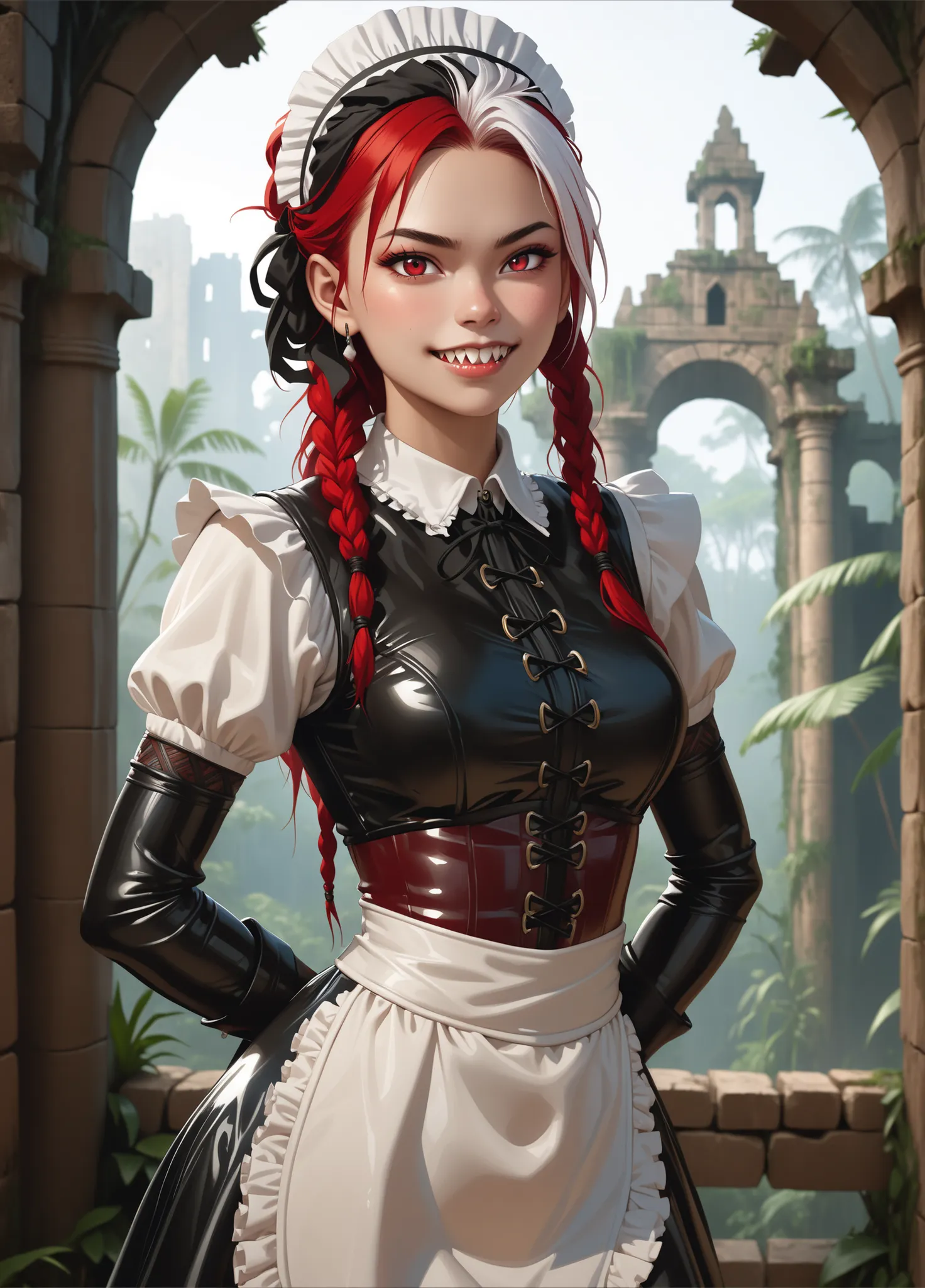 Curious expression. Slender body. Lean body-type. Marble-White skin. Cute 18-year-old Aztec and Indonesian girl with big Asian red eyes and unnaturally sharp teeth and dreadlocks (white and red hair). Intense red eyes. Sharp and shark-like teeth. She has a...