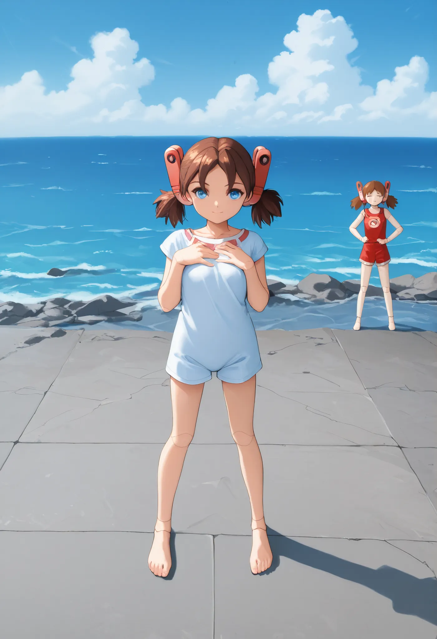  A doll lady is very short pigtails, brown hair, Hair tie with two red big crimson red clothespins, android, blue eyes, flushed cheeks, anime picture. angle from back view. barefoot. she is in blue sky. She wares only white one-piece. She closes eyes. She ...