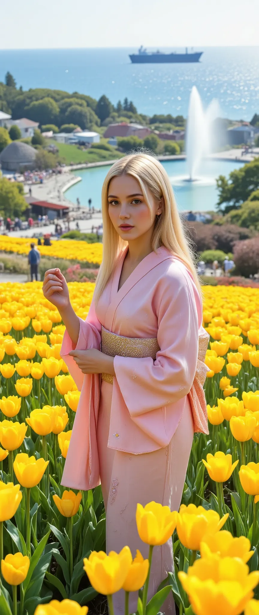 highdefinition images,in a yellow tulip field、Beautiful woman in pink kimono（face details、）stands and looks at the camera,Kobe Botanical Garden、a hill where you can see the sea and the fountain、a tanker can be seen in the ocean、全身highdefinition images、
