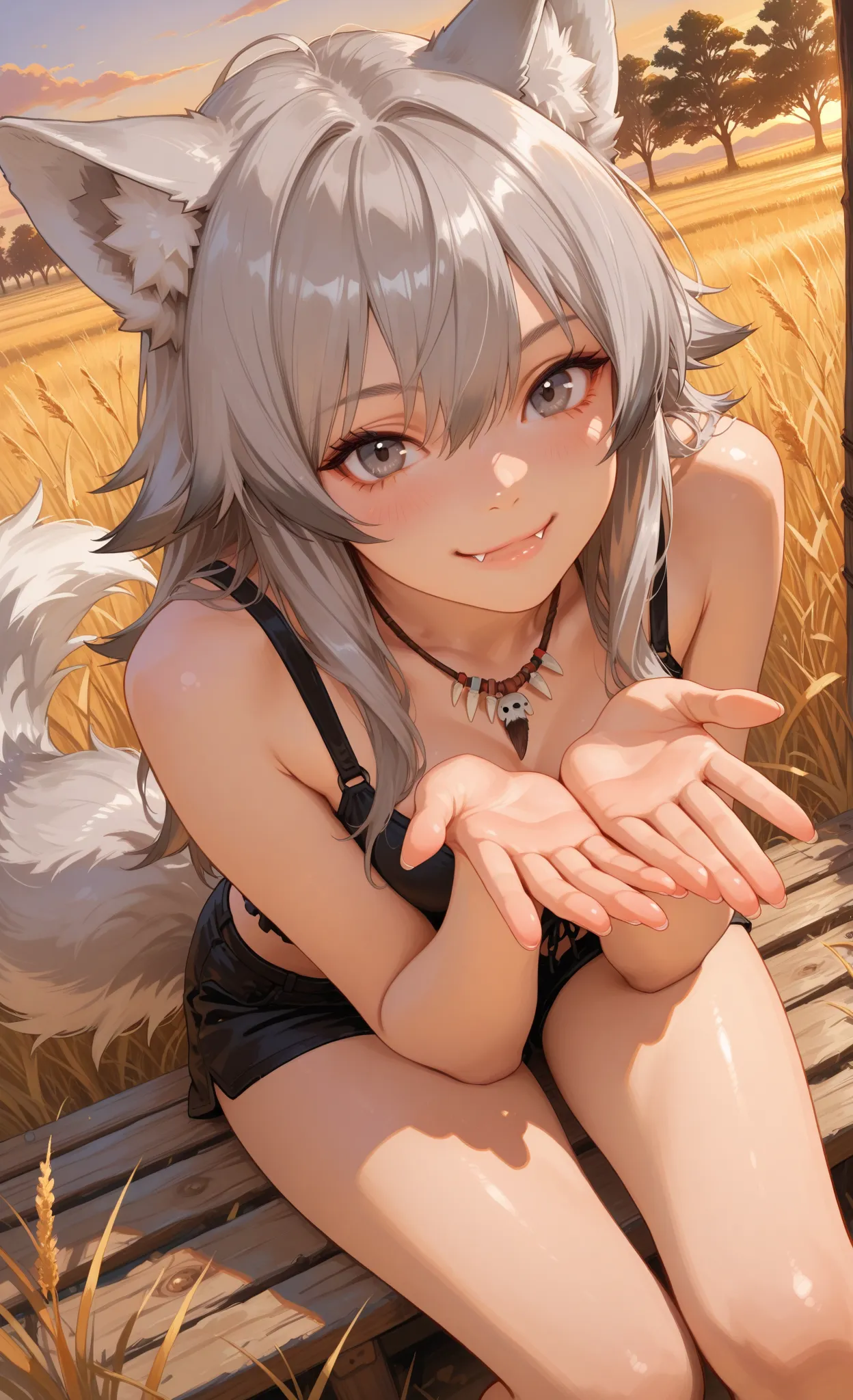 748cmstyle, anime girl, perfect hands according to anatomy, 5 fingers, perfect legs according to anatomy, 2 legs, 
realistic shadow quality, realistic reflection quality, Realistic light quality, masterpiece, High Quality, High Quality, High quality eye detail, very aesthetic, Newest, Detailed Scenery,  
dynamic angle, close-up anime wolf girl, messy grey hair, wolf ears and fluffy tail partially visible, wild sharp eyes, background of grassy plains in sunset, fang peeking from smile, tribal necklace


