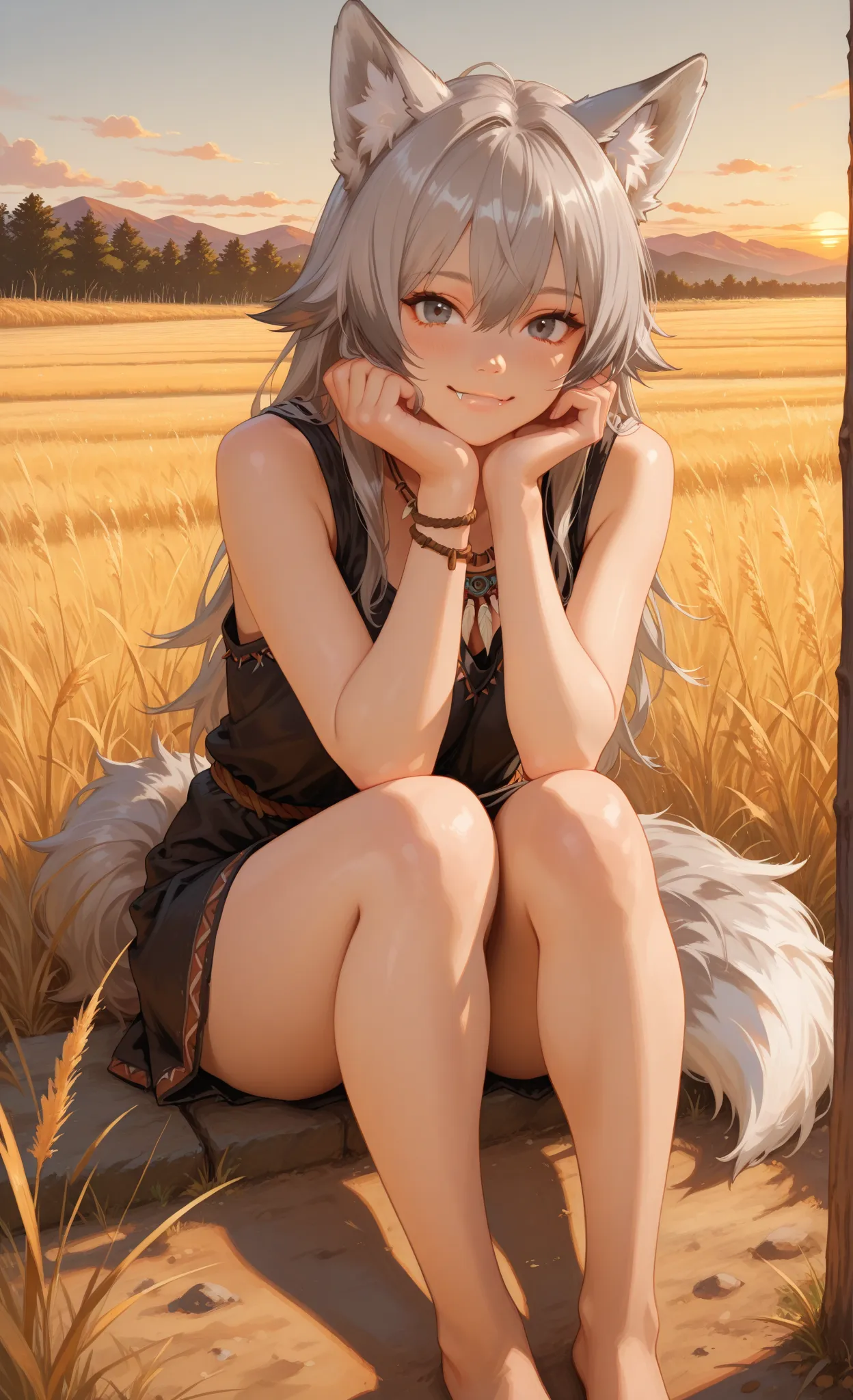 748cmstyle, anime girl, perfect hands according to anatomy, 5 fingers, perfect legs according to anatomy, 2 legs, 
realistic shadow quality, realistic reflection quality, Realistic light quality, masterpiece, High Quality, High Quality, High quality eye detail, very aesthetic, Newest, Detailed Scenery,  
dynamic angle, close-up anime wolf girl, messy grey hair, wolf ears and fluffy tail partially visible, wild sharp eyes, background of grassy plains in sunset, fang peeking from smile, tribal necklace


