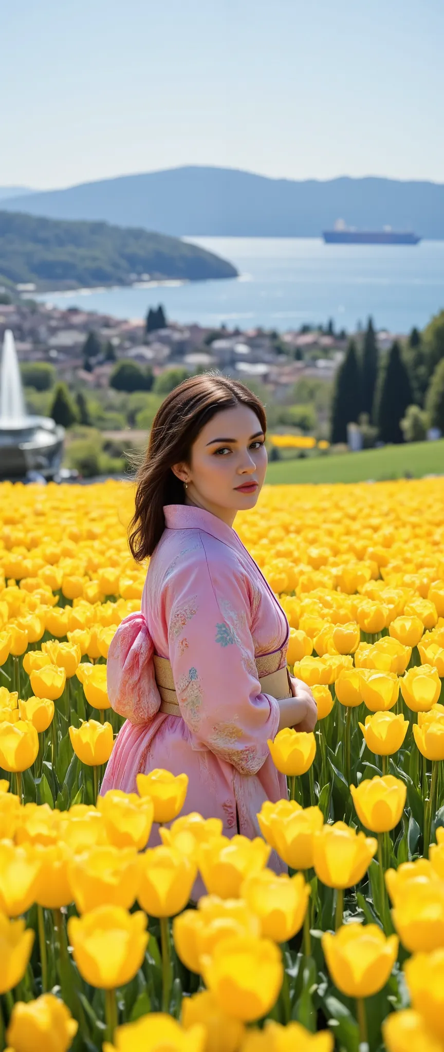 highdefinition images,in a yellow tulip field、Beautiful woman in pink kimono（face details、）stands and looks at the camera,Kobe Botanical Garden、a hill where you can see the sea and the fountain、a tanker can be seen in the ocean、全身highdefinition images、