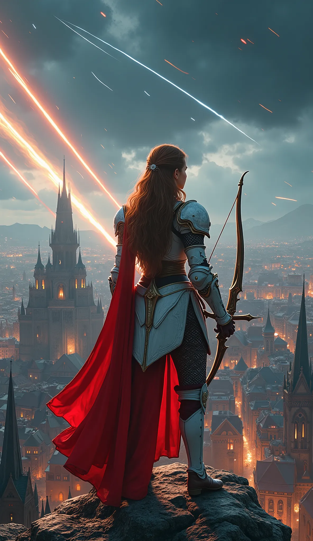 (Representative works、4K resolution、Super Real、very detailed)、(『Knight of the Constellation』theme、Charisma、中世ヨーロッパのcityscapeを見下す、The Girl at the Top of the City、Sagittarius knight in white armor and red costume looking down on medieval European streetscapes、She's a Superhuman Hero)、(20 years old)、(Long Chestnut Hair:1.2)、full body、(Knight Costume)、( battle pose)、 Shoot Her Powers )、(( European Urban Environment :0.8)|(cityscape、 night view、 DYNAMIC LIGHT )、(Meteor Shower))