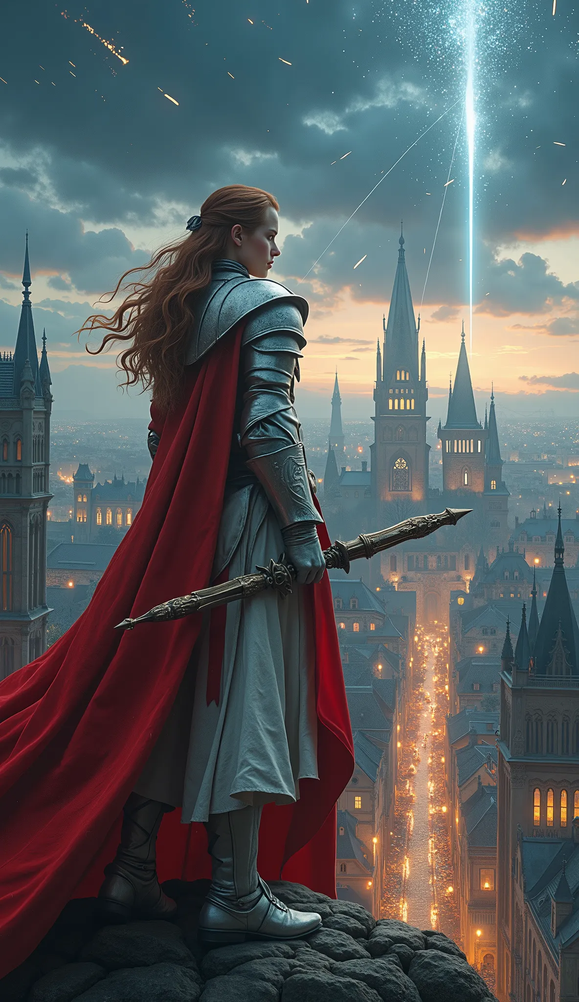 (Representative works、4K resolution、Super Real、very detailed)、(『Knight of the Constellation』theme、Charisma、中世ヨーロッパのcityscapeを見下す、The Girl at the Top of the City、Sagittarius knight in white armor and red costume looking down on medieval European streetscape...