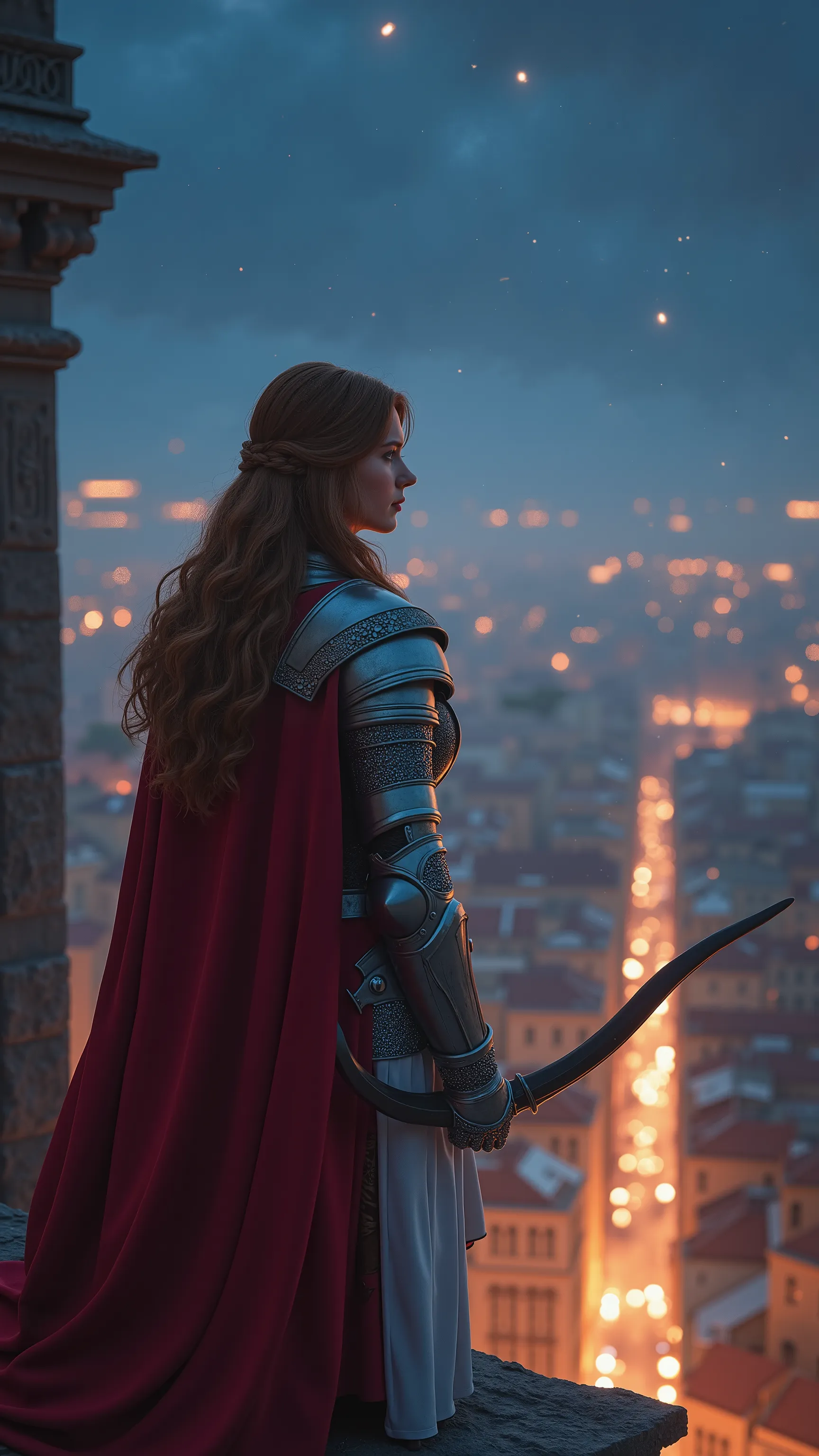 (Representative works、4K resolution、Super Real、very detailed)、(『Knight of the Constellation』theme、Charisma、中世ヨーロッパのcityscapeを見下す、The Girl at the Top of the City、Sagittarius knight in white armor and red costume looking down on medieval European streetscape...