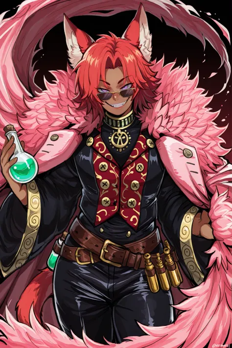 kurenaiz, masterpiece, ultra highres, best quality, 1boy, male focus, solo, red cat ears, red cat tail, red hair, purple eyes, tan skin, light dark skin, crazy smile, crazy look, ornate alchemist attire, Middle Eastern fantasy style, dramatic doflamingo co...