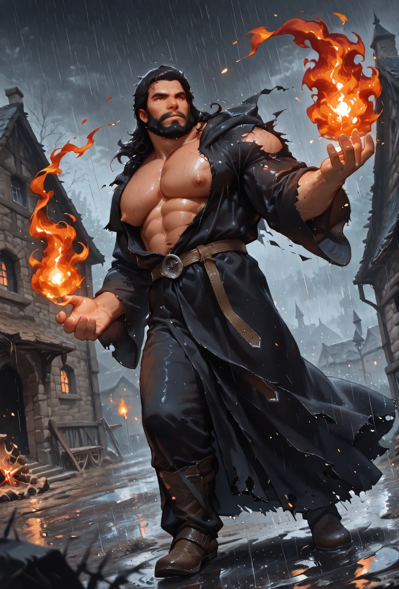 Traditional media, 1boy, muscular, puffy nipples, orange eyes, black hair, beard, mature male, torn black robe, wizard, bare pectorals, (pyrokinesis, swirling fire:1.2)
BREAK
outdoors, medieval, fantasy, destroyed village, floating fire, burning, embers, f...