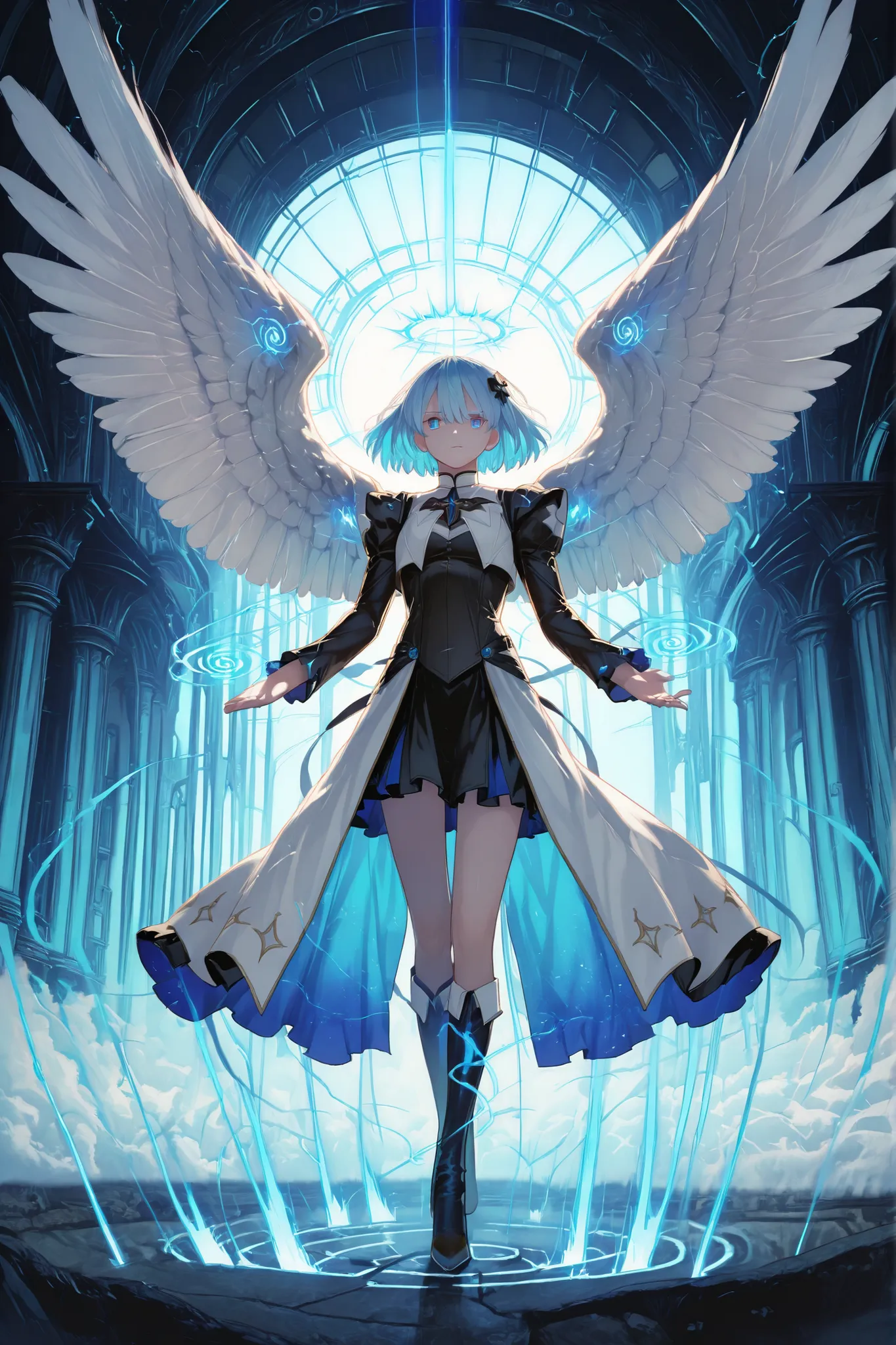 748cmstyle, spiral blue energy, anime, nice human girl angel, pose dynamic in action, angel minimal darkblackclothes, big white angel wings, intense, dreamy mystical fantasy landscape, cinematic dramatic lighting, ethereal glowing atmosphere, dramatic cine...