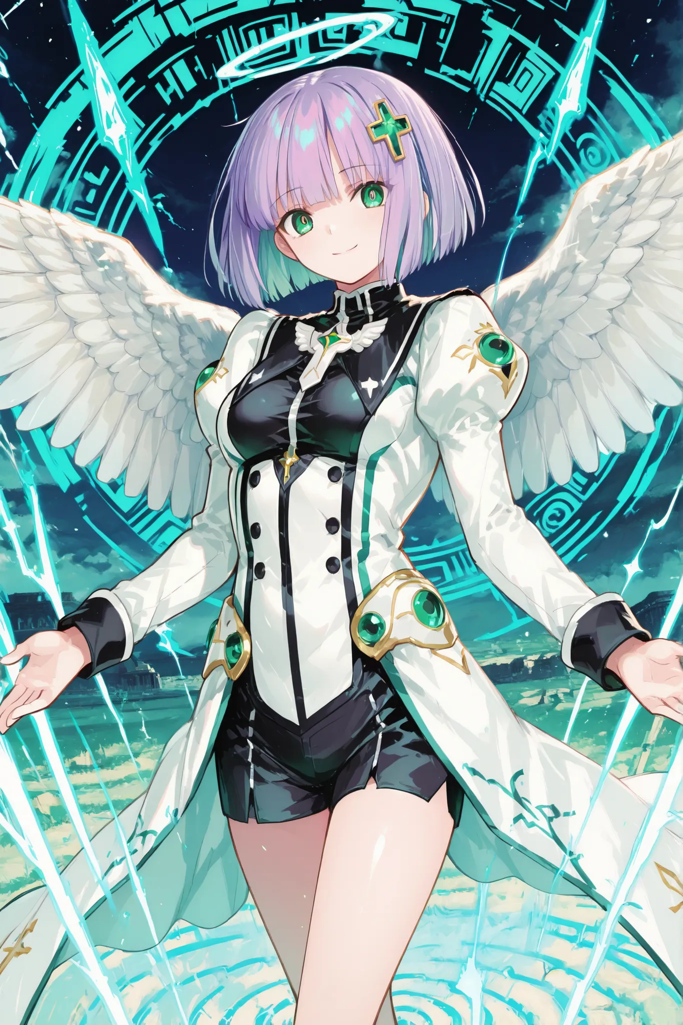 748cmstyle, Spiral blue energy, anime, Nice human girl angel, pose dynamic in action, angel minimal darkblackclothes, big white angel wings, intense   Green eyes, very short bob purple hair , smile, outdoor the Heavens in background.
