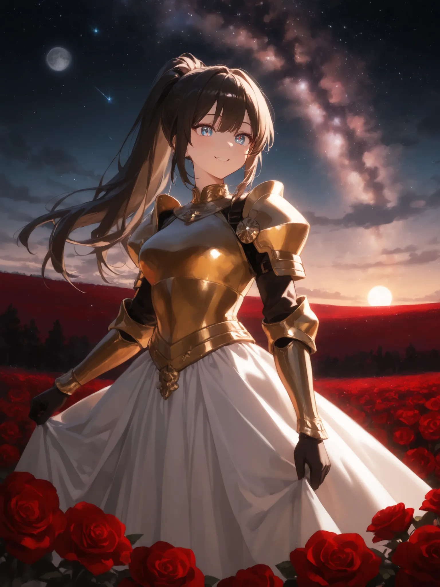  night sky where you can see the Milky Way galaxy ，A beautiful woman is wearing a white satin dress and gold armor, Smiling Woman,  In the garden,  ponytail, onyx colored eyes ,  Textured Details ,  Beautiful skin,  Moon,  Under a Clear Sky 、Bright Sunlig...