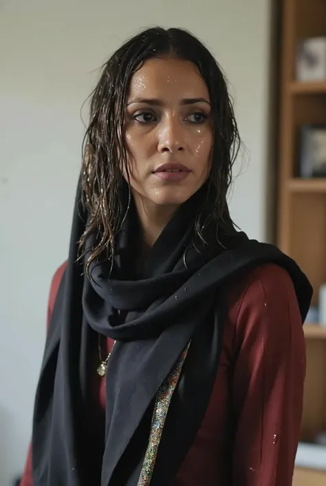 cinematic scene smiling face close up 40 years old matured arab aunty wearing long dress and hijab with shiny sweating glowing skin in a cafe, real model, real people, real scene, real skin texture, Hyperrealistic,Photorealistic image, dynamic lighting, vo...