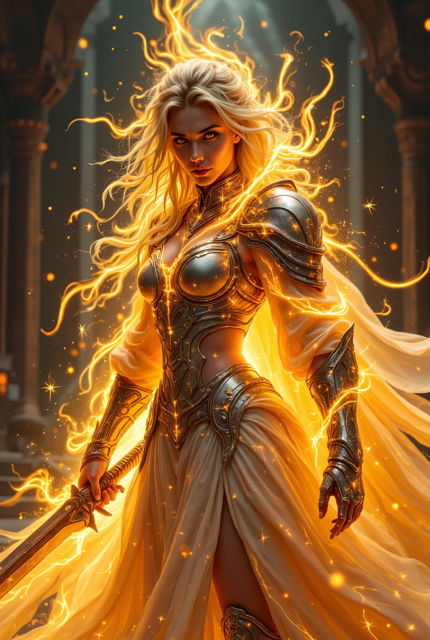 (( girl ,with tousled disheveled curly hair in sparkling armor (knightly heavy armor,)( with a tower shield in one hand and a sword in the other, seems to shine with otherworldly magic,) ((all of her and her armor consists of translucent shining pure ener...