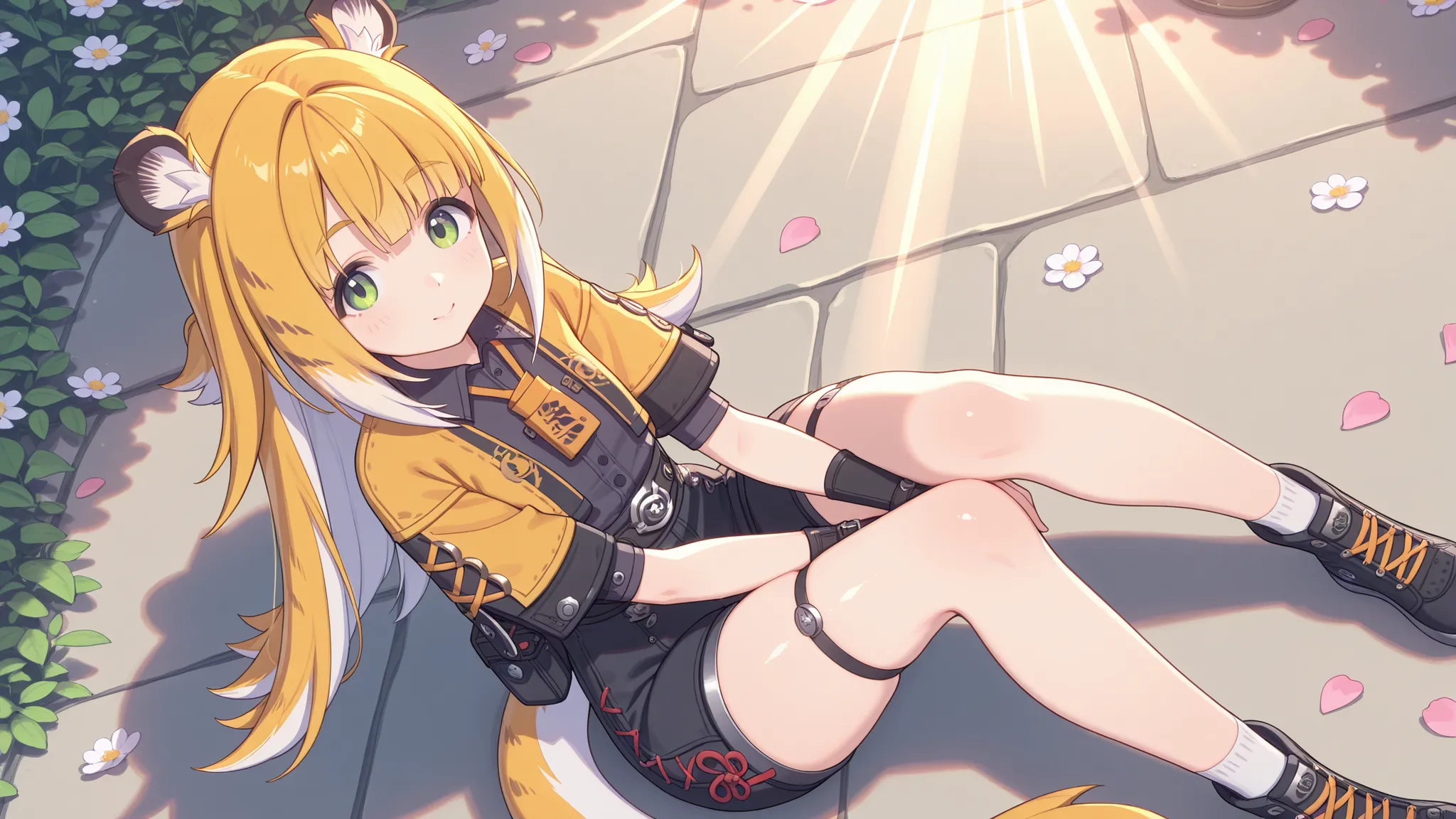 shiny skin, modest pose , sits
JuFuFu,
Shine, Shine, sun beam, flower petals in the background
high angle, looks at the viewer,
amazement, hands between knees