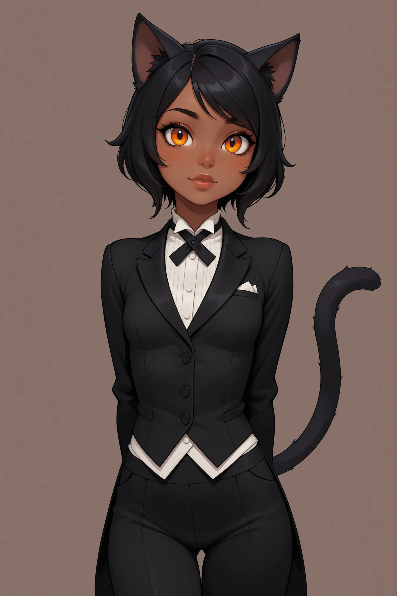 1girl, cute, dark skin, black hair, orange eyes, cat girl, neko girl, butler, lips, attractive body, slim