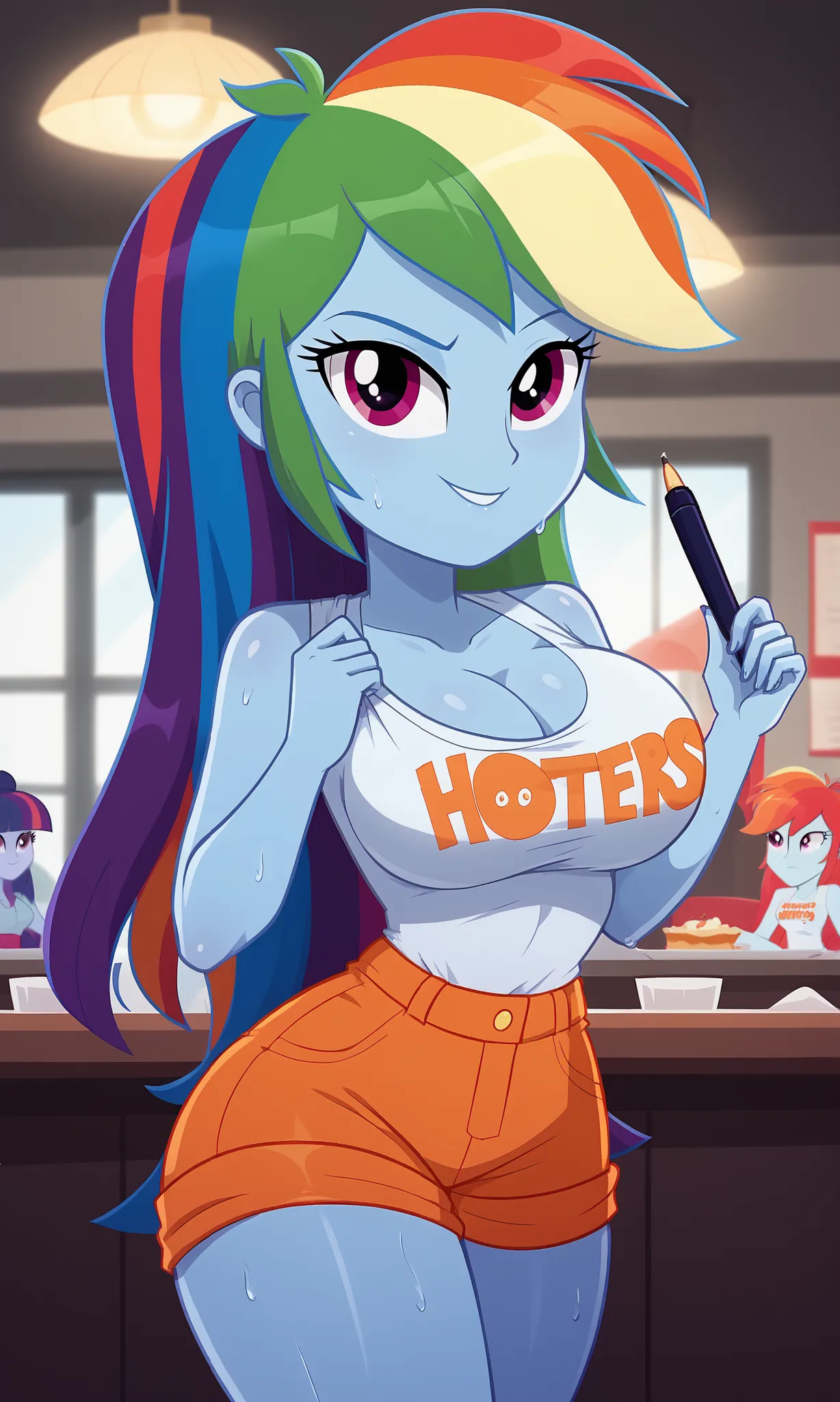 masterpiece, detailed image, soft skin, style_2d_chibi, (Rainbow dash)1 girl, colored skin, blue skin, breasts, multicolored hair, rainbow hair, long hair, violet eyes, 1 girl, breasts, shorts, thighs, hold, blog, pen, taking notes, huge breasts, cleavage,...