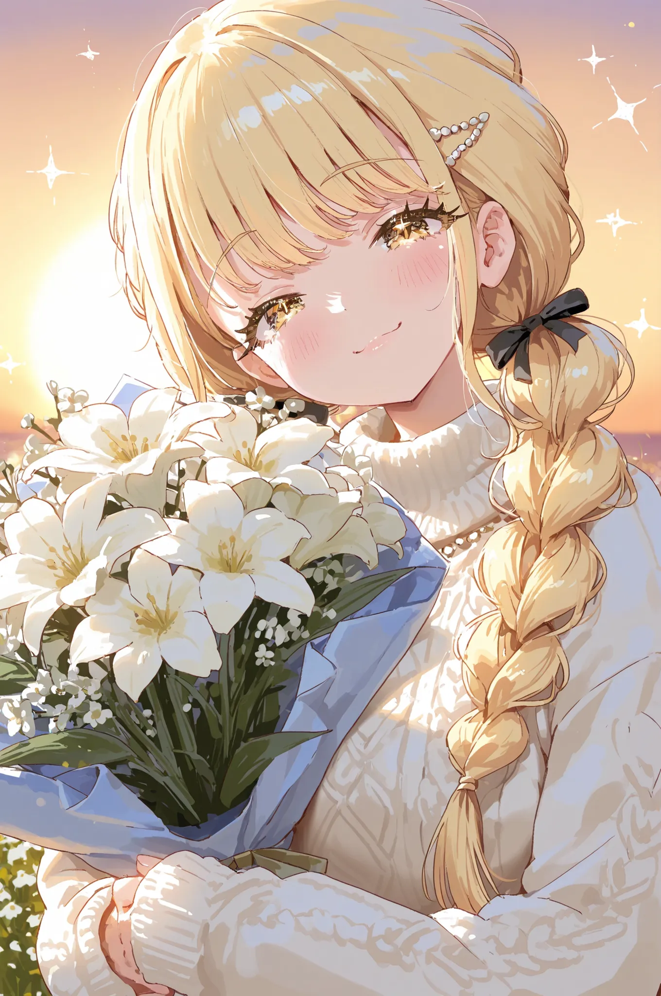 1 girl　Fujita Kotone　long eyelashes　Sparkling Blonde　Happy expression　white knit sweater　White Flower　holding a bouquet　The cutest in the world　sunset background　Perfect Pose　High Definition　masterpiece