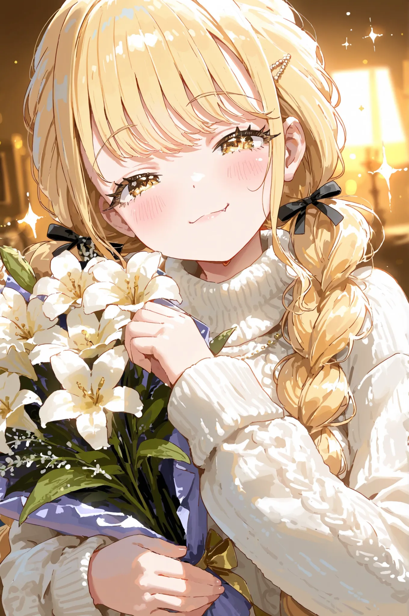 1 girl　Fujita Kotone　long eyelashes　Sparkling Blonde　Happy expression　white knit sweater　holding a bouquet　The cutest in the world　sunset background　Perfect Pose　High Definition　masterpiece