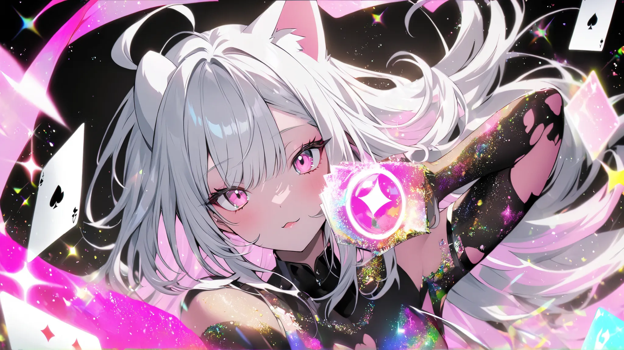 fullbodyA high-quality hologram card, pretty girl,Cat ear, Beautiful silver hair,Pink inside,Beautiful pink eyes,with glitter, and a black background around the card, clear coloring, and colorful