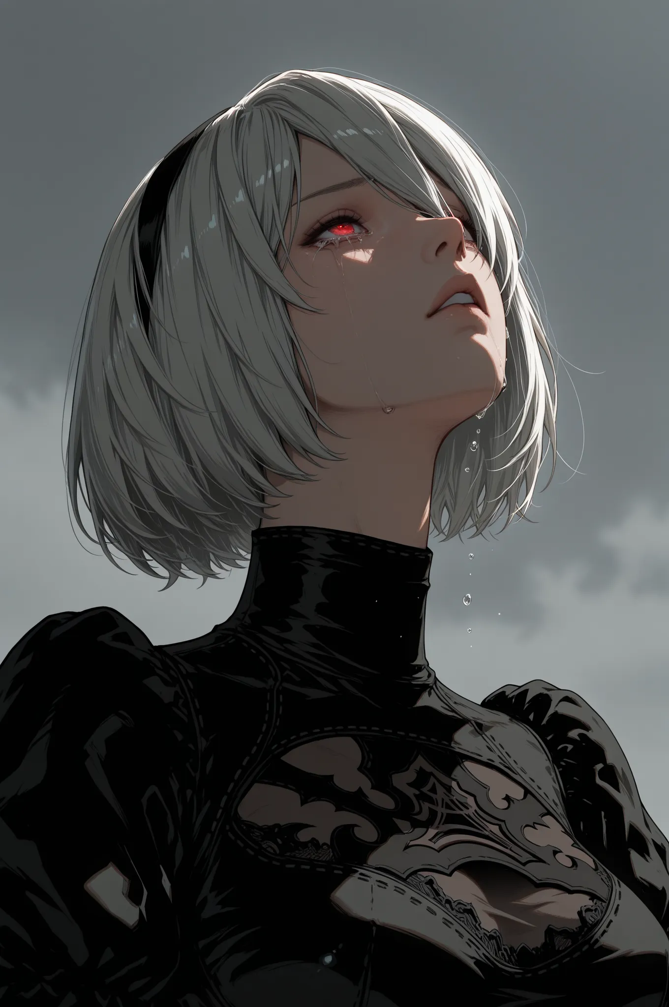 1girl, solo, 2b, nier automata, parted lips, glowing red eyes, black dress, lace-trimmed dress, sad, crying, looking up, upper body, grey sky, depth of field, dynamic angle, masterpiece, best quality, ultra-detailed, realistic shading, amazing quality, absurdres, newest