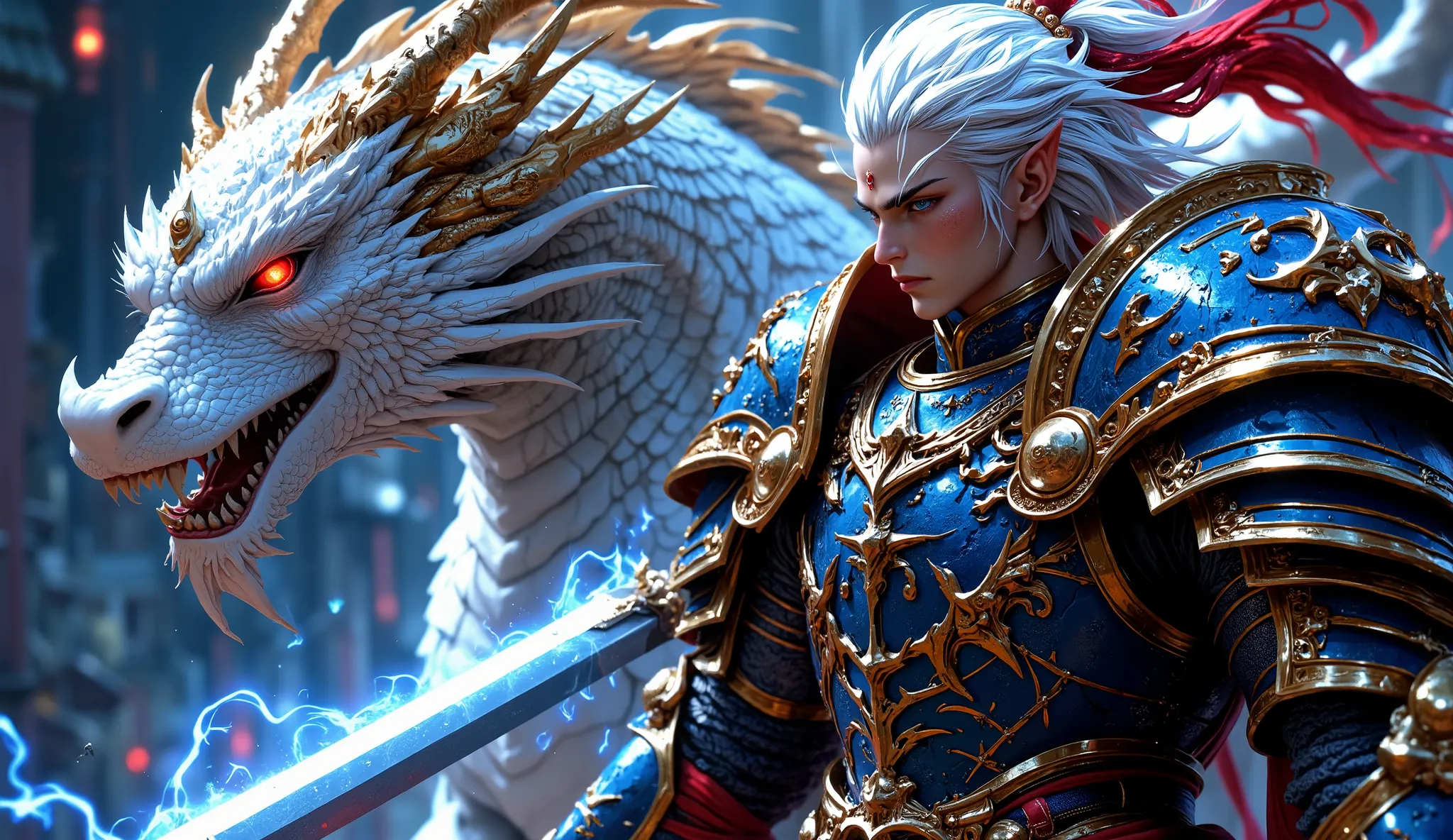 ((Dragon Knight with White a pure white body and dazzling scales:1.9)), (A white dragon rider wearing a beautiful blue and gold armor, blue armor has a gold amulet decoration on the border, A young female rider wearing beautiful red and gold armor, A maste...