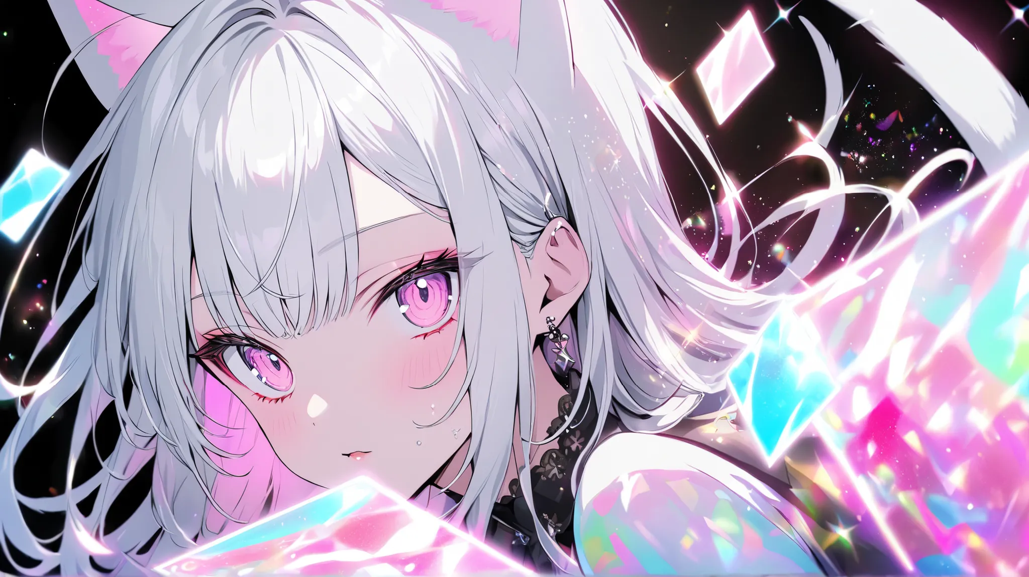 fullbodyA high-quality hologram card, pretty girl,Cat ear, Beautiful silver hair,Pink inside,Beautiful pink eyes,with glitter, and a black background around the card, clear coloring, and colorful