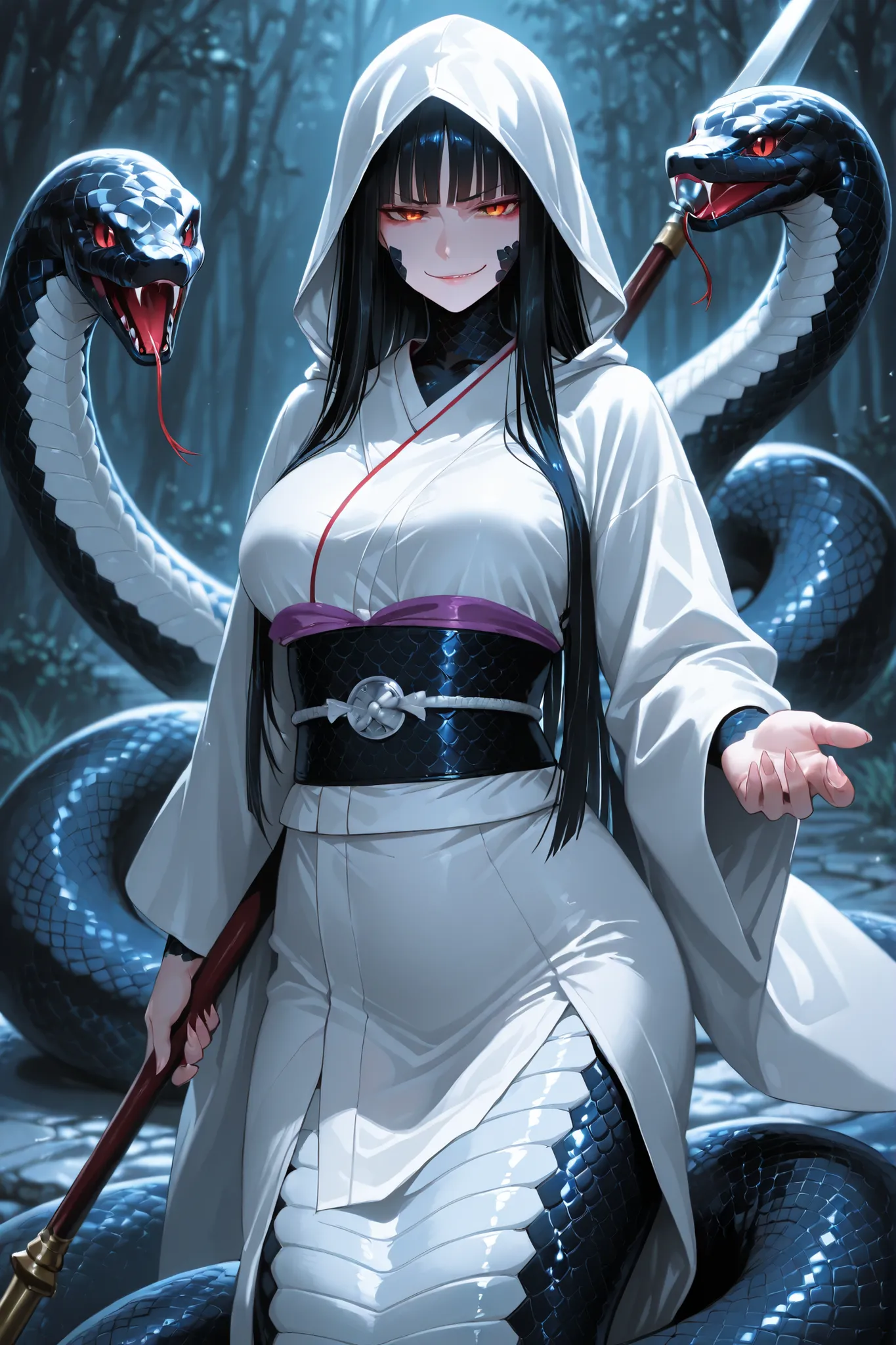 Lamia Girl. Black hair. Straight bangs. Straight hair. Long hair. Eyes without highlights. Smirk. Sharp eyes. Snake scale cheeks. Japanese white hood. Japanese veil. Japanese kimono. White costume. Breasts. Black snake body. Spiky scales. Weapon carried. J...