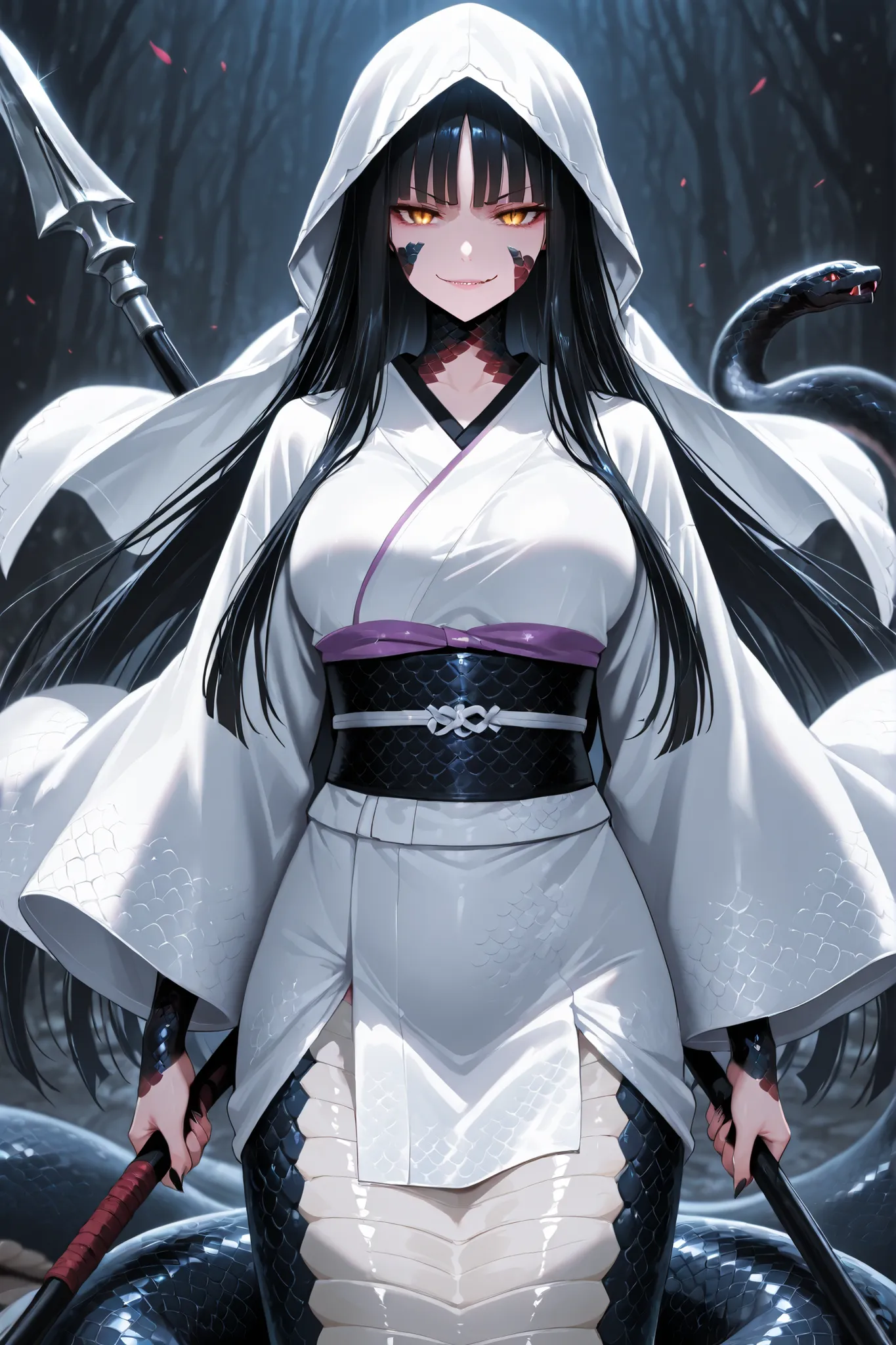 Lamia Girl. Black hair. Straight bangs. Straight hair. Long hair. Eyes without highlights. Smirk. Sharp eyes. Snake scale cheeks. Japanese white hood. Japanese veil. Japanese kimono. White costume. Breasts. Black snake body. Spiky scales. Weapon carried. J...