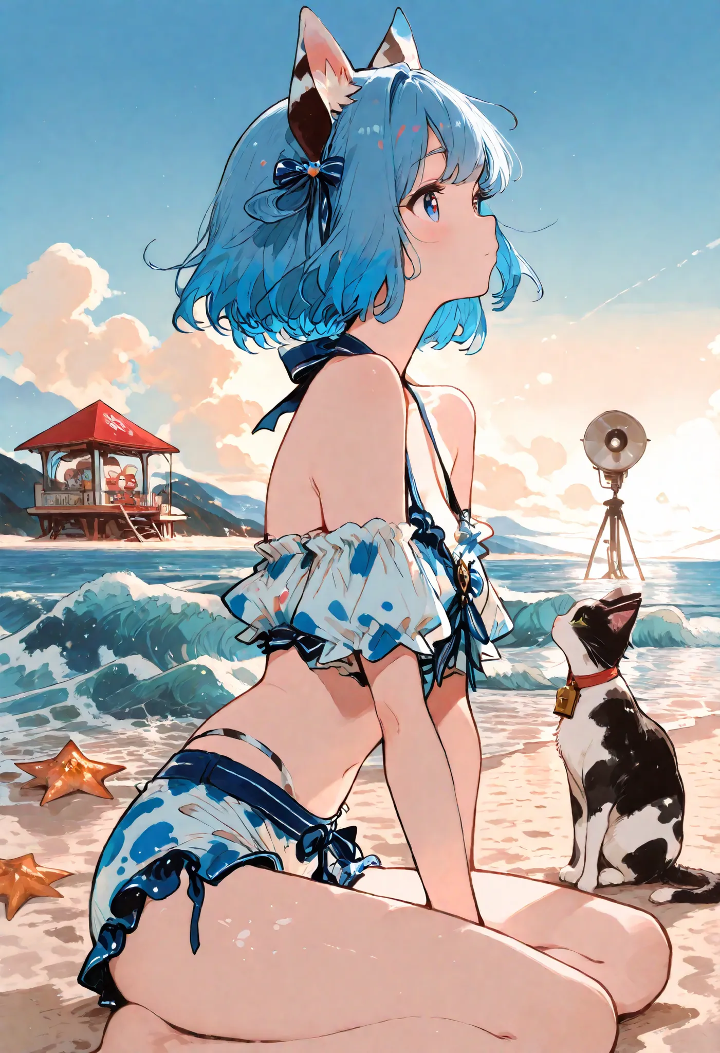  hatching texture , hirune style , masterpiece, best quality, ultra detailed, beautiful shading, cinematic ligthing, (cow spots), waves, sand, sea star motif, woa ,studio lights, cute, kawaii, cat ears, beach themed, summer vacation, maritime, marine outfi...