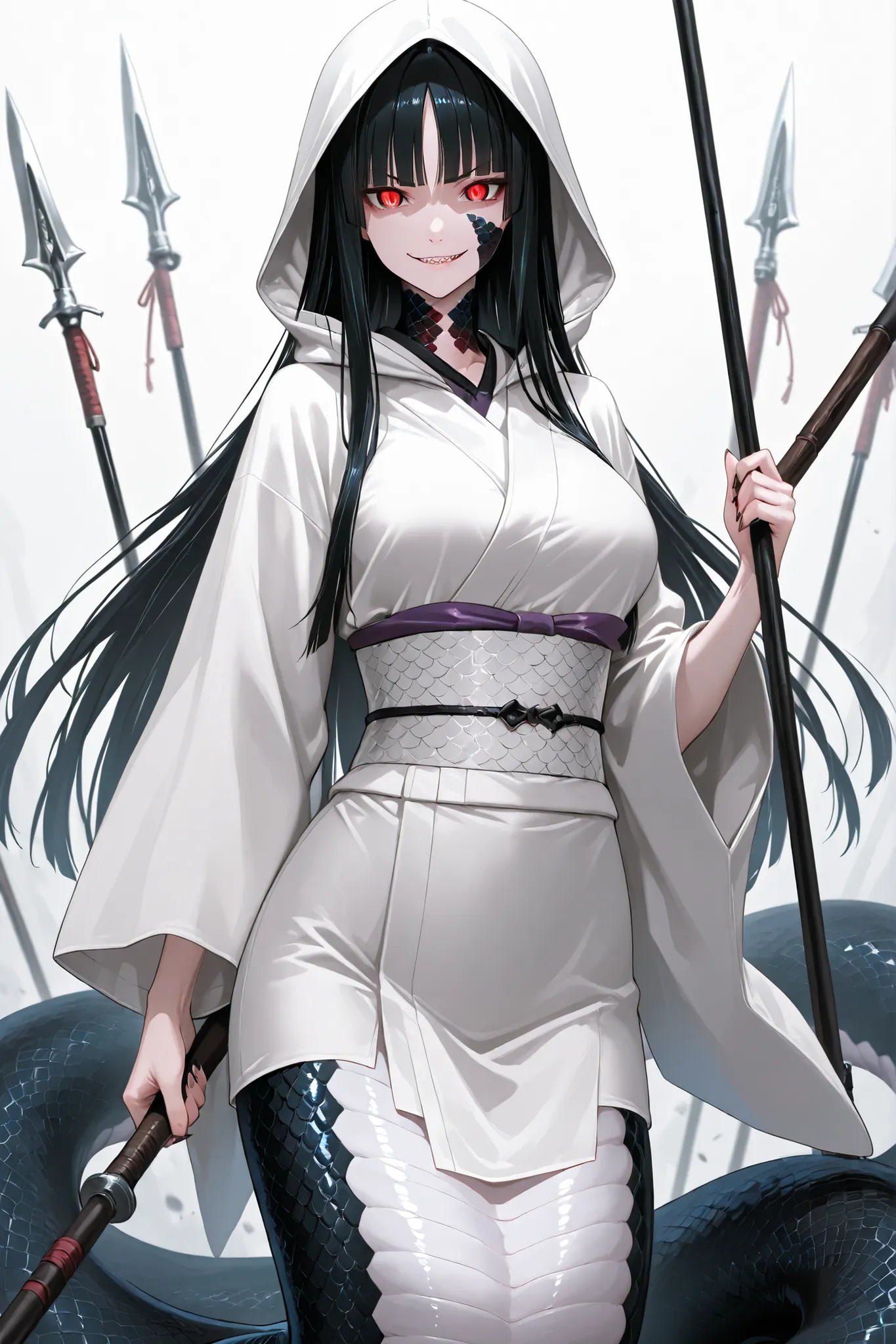 Lamia Girl. Black hair. Straight bangs. Straight hair. Long hair. Eyes without highlights. Smirk. Sharp eyes. Snake scale cheeks. Japanese white hood. Japanese veil. Japanese kimono. White costume. Breasts. Black snake body. Spiky scales. Weapon carried. J...