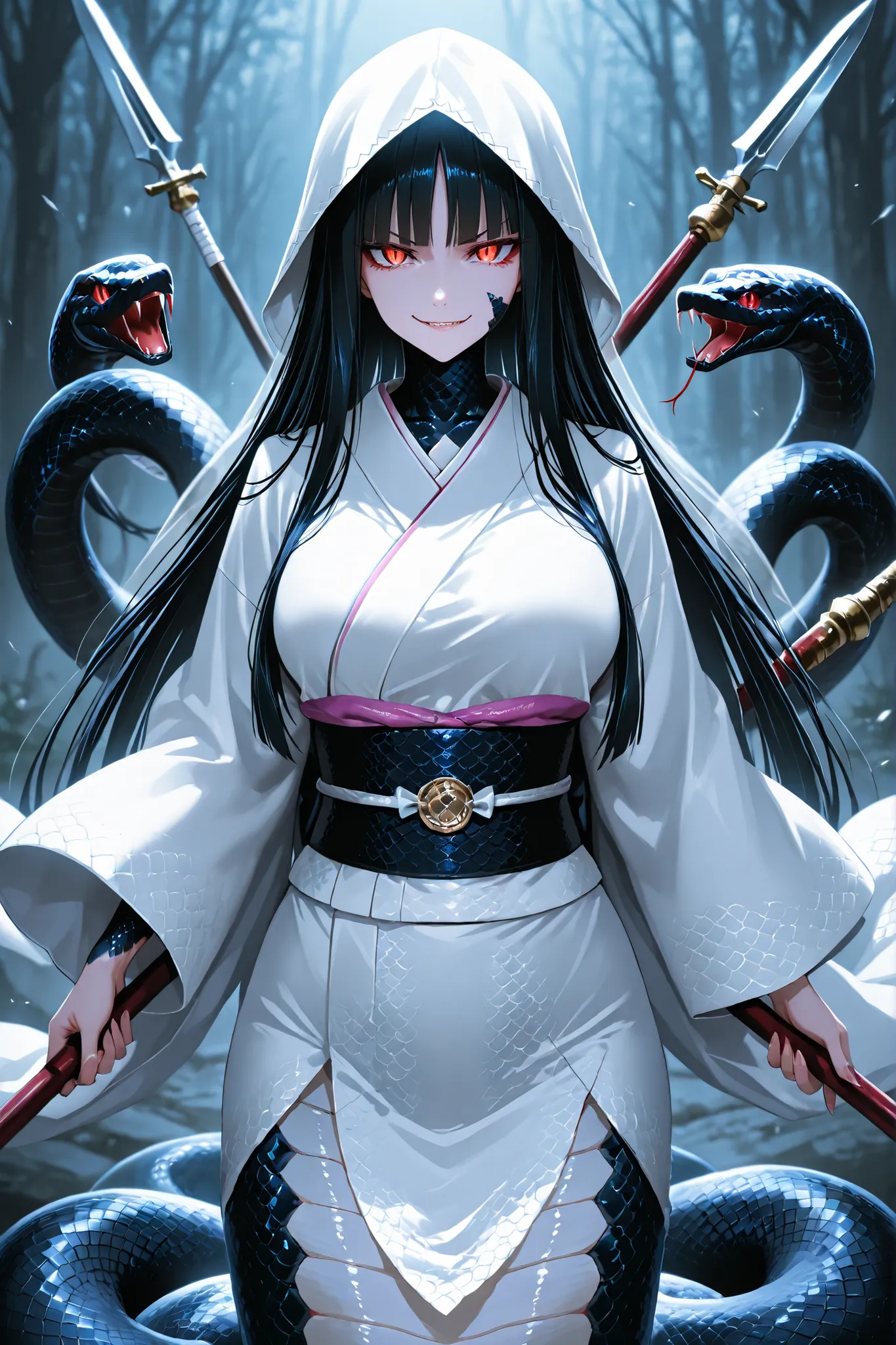 Lamia Girl. Black hair. Straight bangs. Straight hair. Long hair. Eyes without highlights. Smirk. Sharp eyes. Snake scale cheeks. Japanese white hood. Japanese veil. Japanese kimono. White costume. Breasts. Black snake body. Spiky scales. Weapon carried. J...