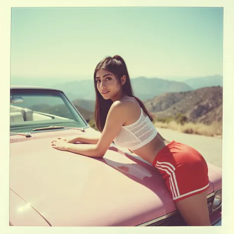 Ultra-realistic photo in vintage Polaroid style: a beautiful young woman in retro red athletic shorts and a white mesh crop top leans playfully over the hood of a glossy pink car, posing at a sunny mountain overlook. Her long dark hair is tied in a high po...