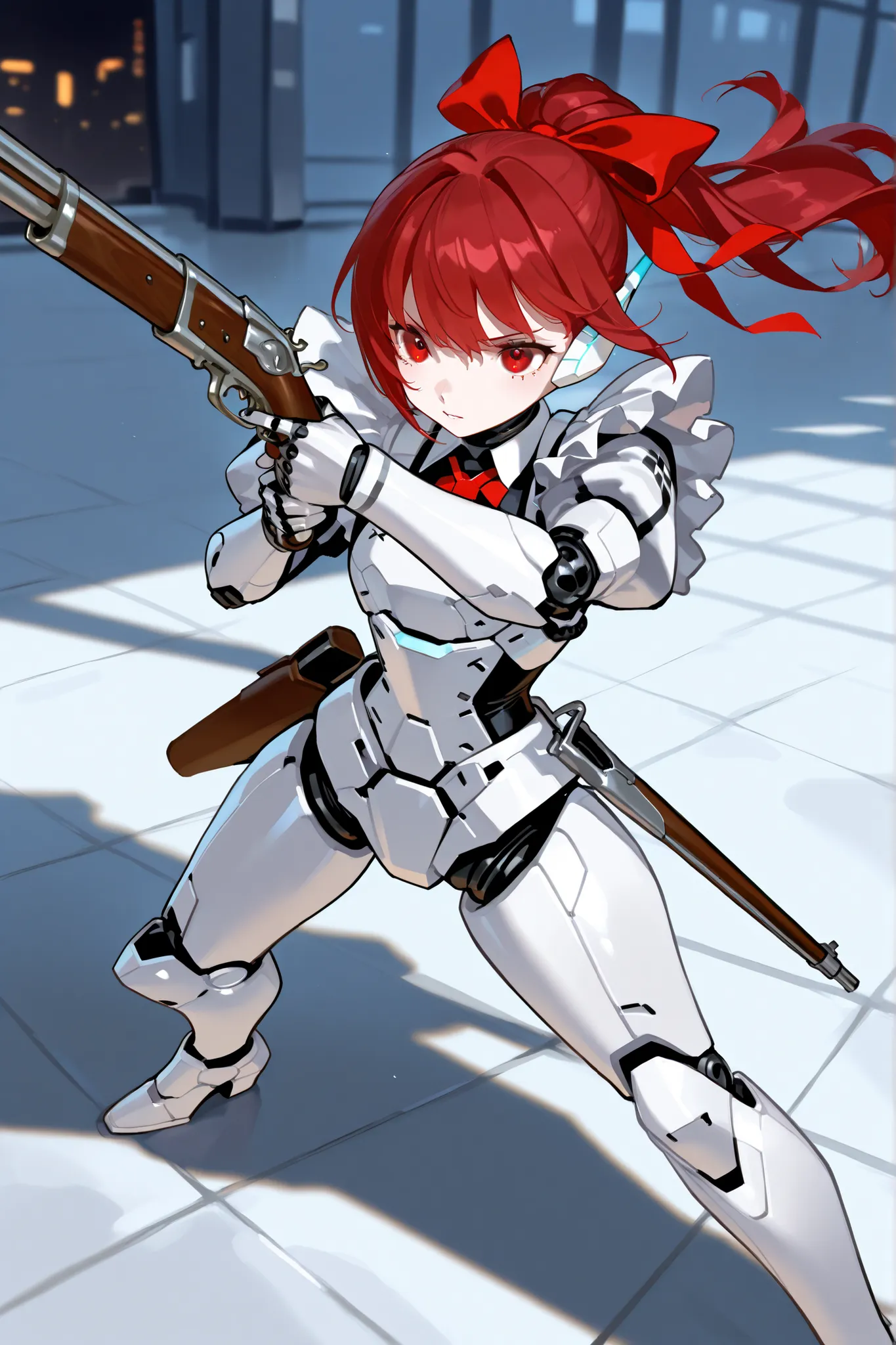 Maid, クラシックMaid衣装, Musket ,Red hair、Red Eyes、red high ponytail,Red hair bow,shooting、Disconnect,  ,,with an Android,robot