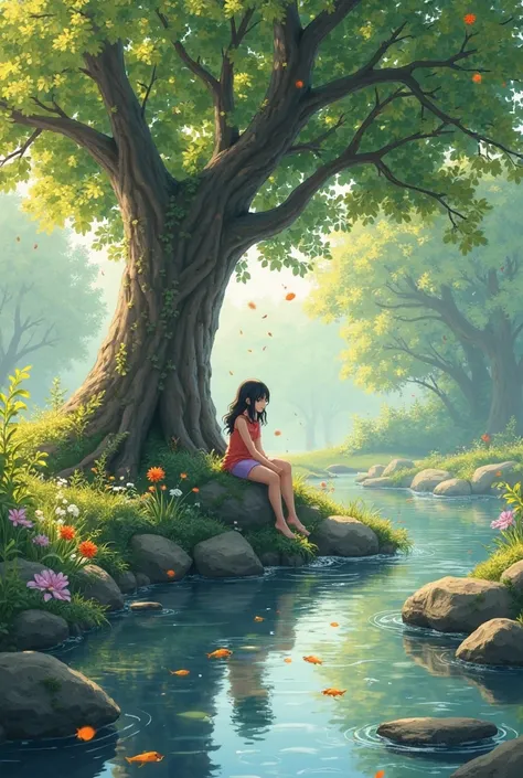 A girl has a big tree behind her,She sat on a rock,Put your feet in the stream(Wash your feet),The stream is clear,Fallen leaves floating on the surface of the water,There are fish swimming on the other side of the stream。flowers and trees next to the stre...