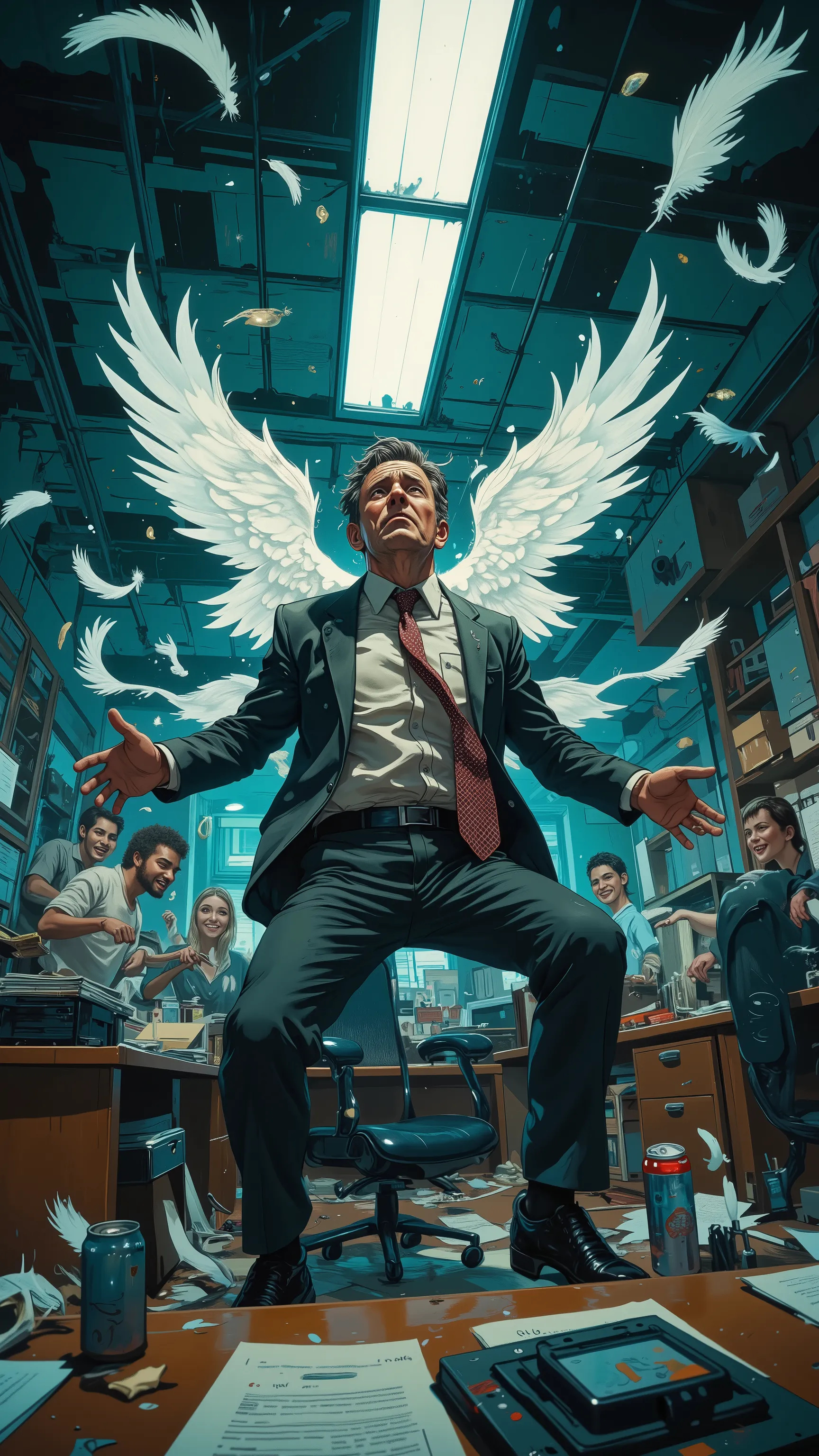 top quality, Ultra Fine, photorealistic, exhausted office worker, The moment you drink Red Bull, Spreading tiny wings, A comical mistake, Confused Expression, Wrinkled suit, crooked necktie, Messy desk area, An empty blue can, A tiny, mismatched feather, T...